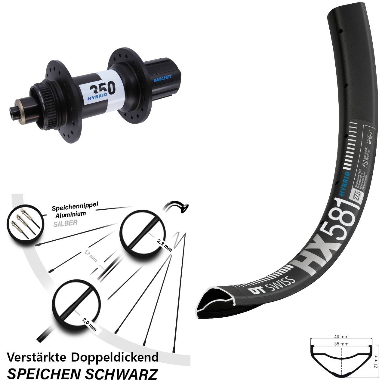 Hinterrad 27,5 Zoll DT Swiss HX 581-Hybrid 350 8-11 fach HG für Schnellsp.