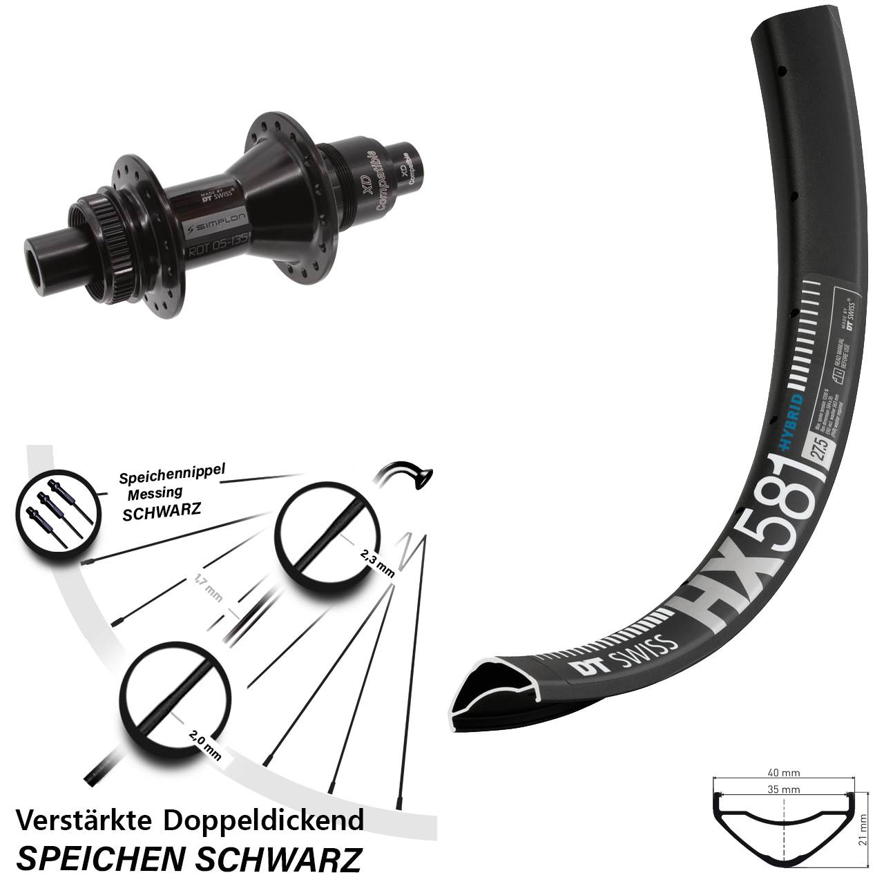 27,5 Zoll DT Swiss HX581 DT Swiss 370 Disc Hinterrad 12x142 SRAM XD