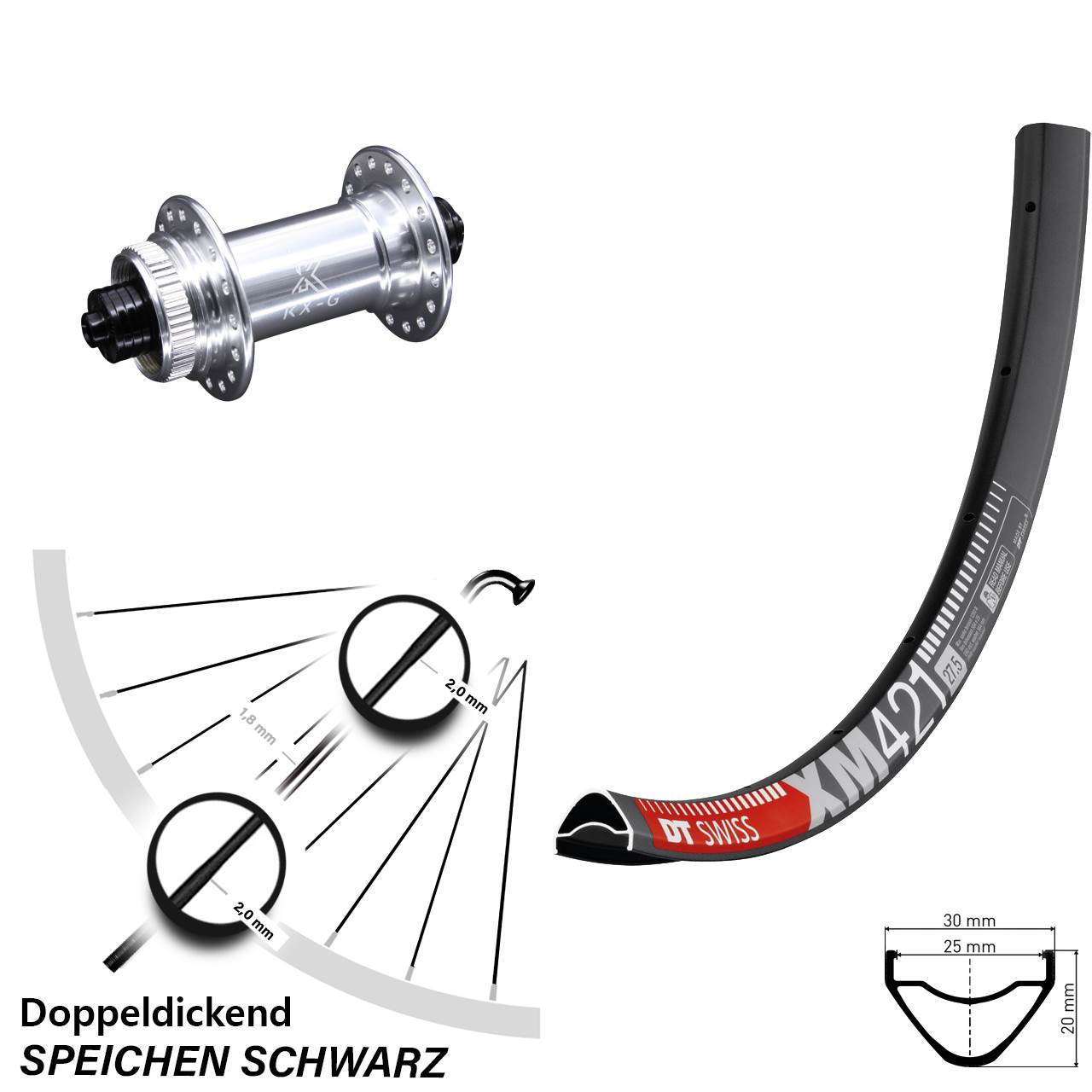 Laufrad 29 Zoll DT Swiss XM 421 Disc KX-G Centerlock 5/100 silbern