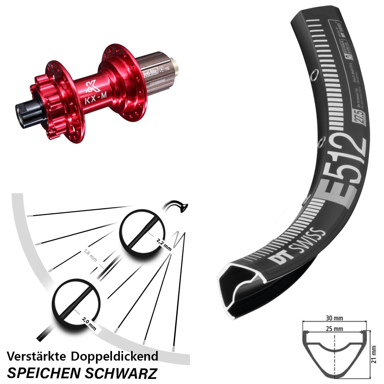 27,5 Zoll Hinterrad KX-M rot 12x142 mm DT Swiss E 512 Shimano HG 8-12 fach Disc 6-Loch