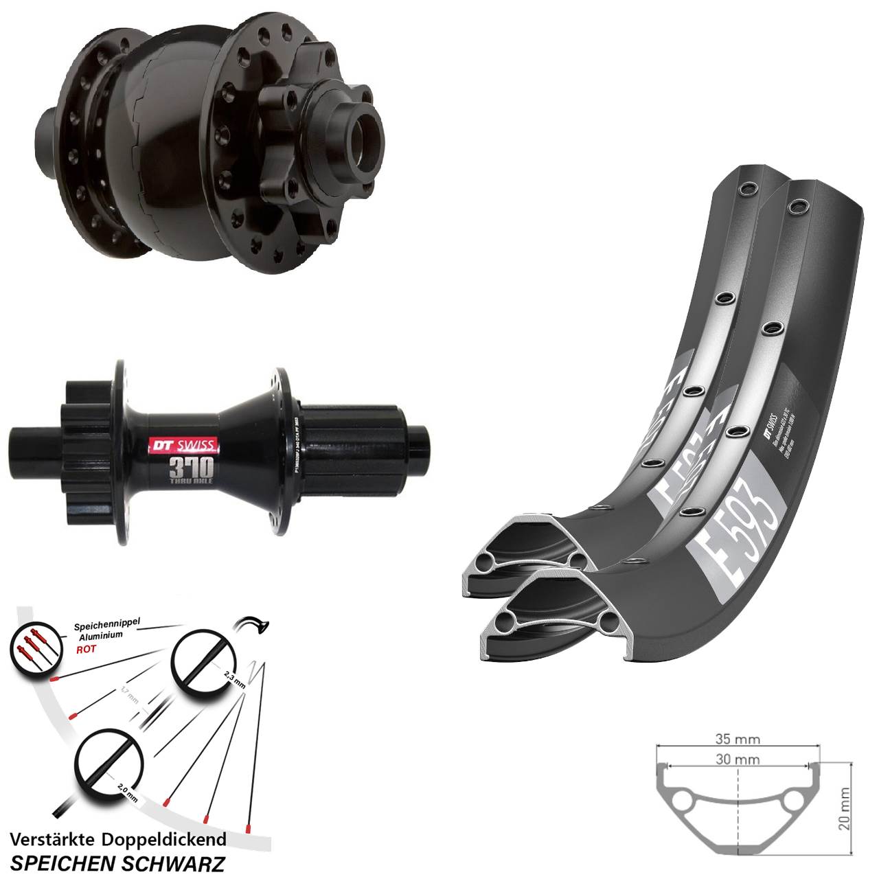650B DT Swiss E593 370 Hybrid SON 28 Laufradsatz 6-Loch 15x100 12x142 8-11 fach HG