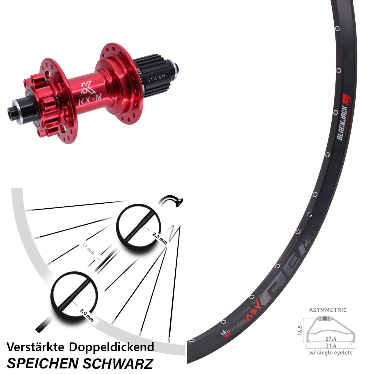 27,5 Zoll Rodi Ready 27 KX-M rot Disc Laufrad QR Shimano Micro Spline