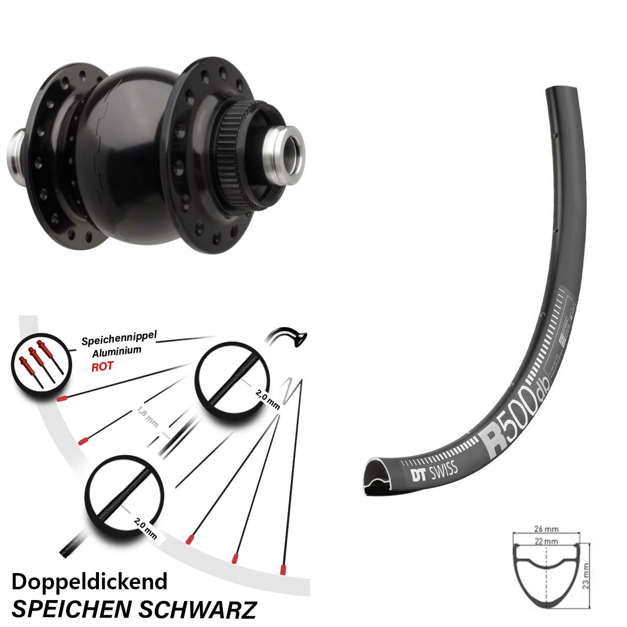28 Zoll Nabendynamo Vorderrad DT Swiss R 500 mit Son 28-12 Boost Centerlock