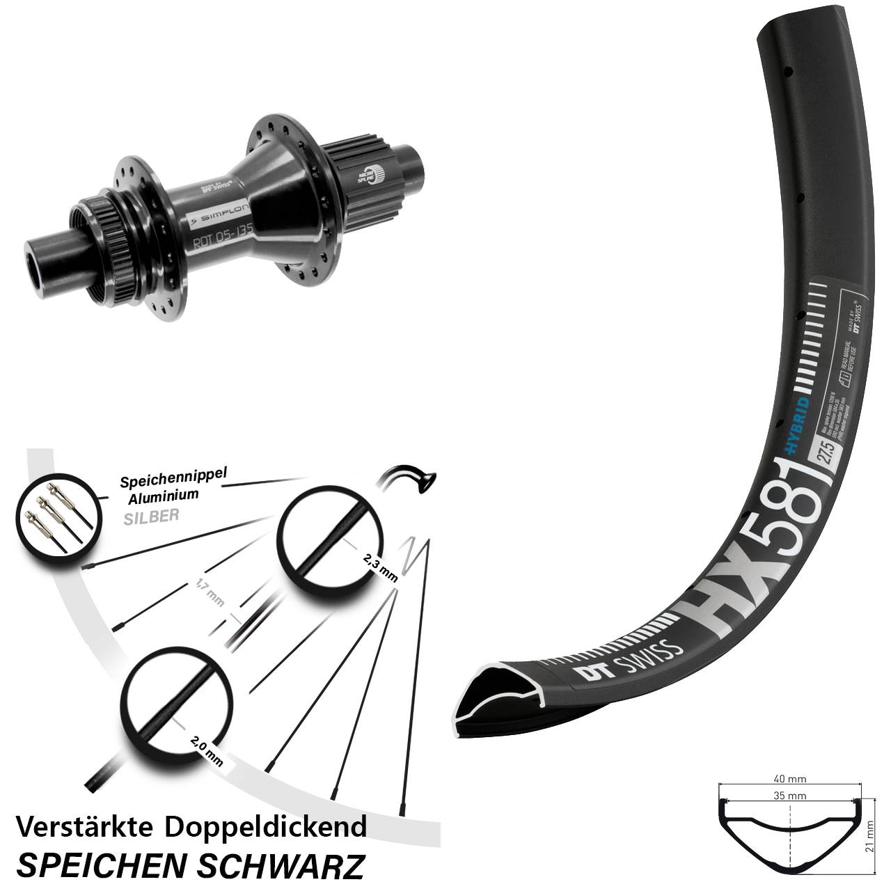 27,5 Zoll DT Swiss HX581-370 Hybrid Centerlock Hinterrad 12x142 Shimano Micro Spline