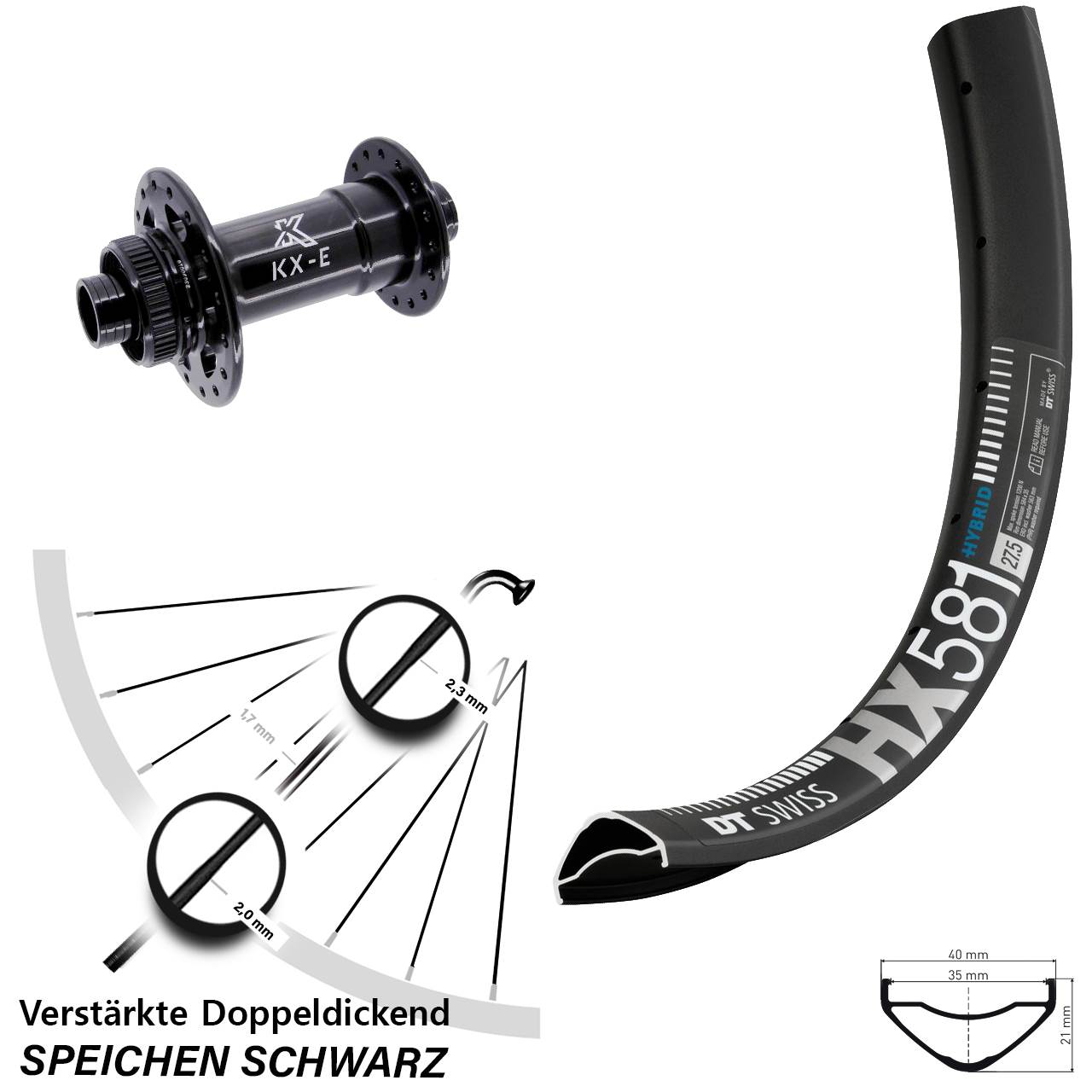 Boost Centerlock Vorderrad 15x110 27,5 Zoll DT Swiss HX581 KX-E 4-fach gelagert
