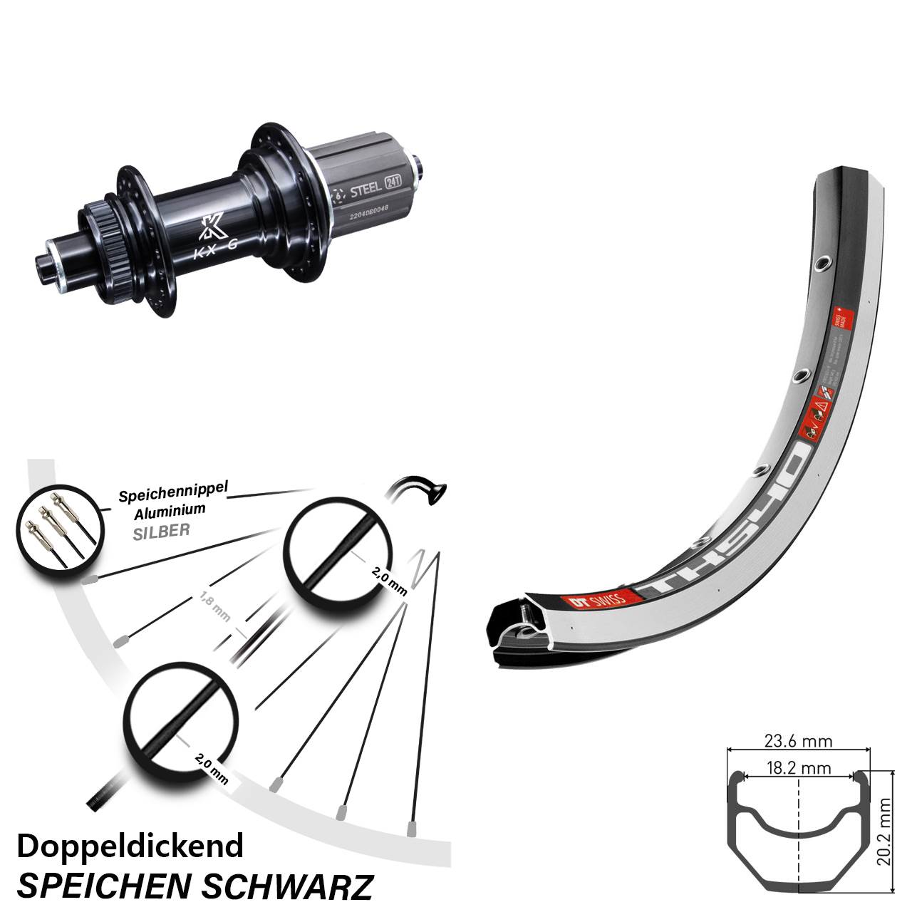 28 Zoll Hinterrad DT Swiss TK 540 Felgenbremse mit KX-GS 5x135 Nabe 8-12 fach