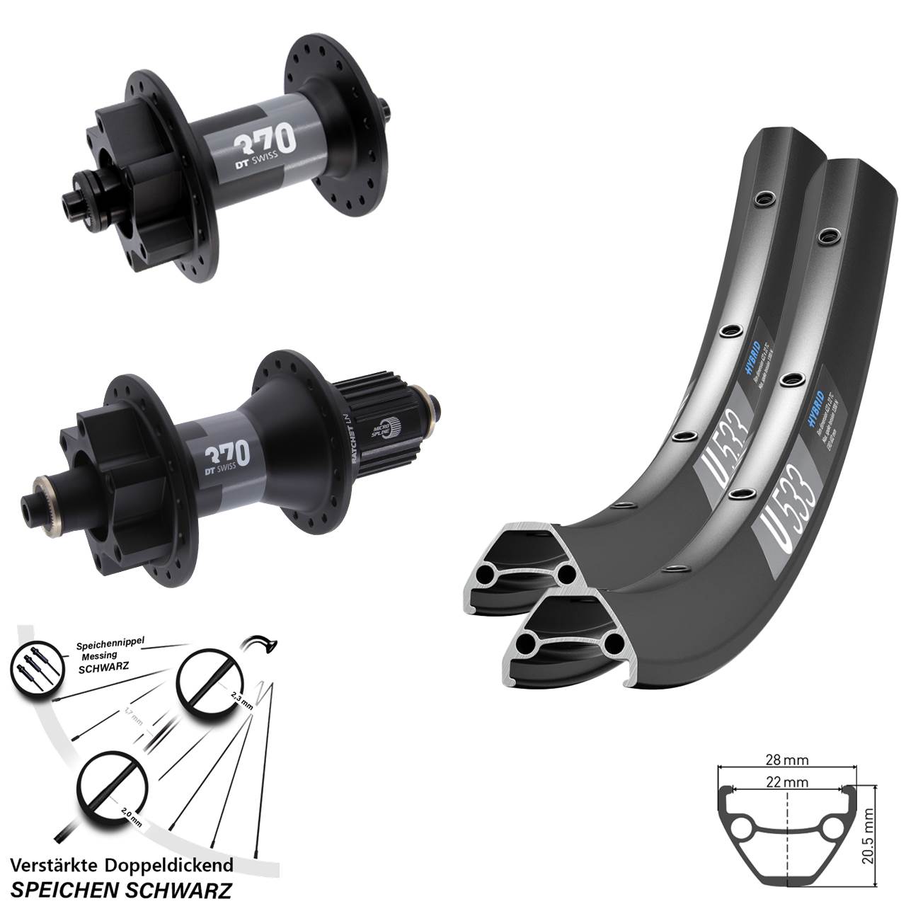 DT Swiss U533-370 Hybrid 27,5 Zoll Laufradsatz 6-Loch QR Shimano Micro Spline