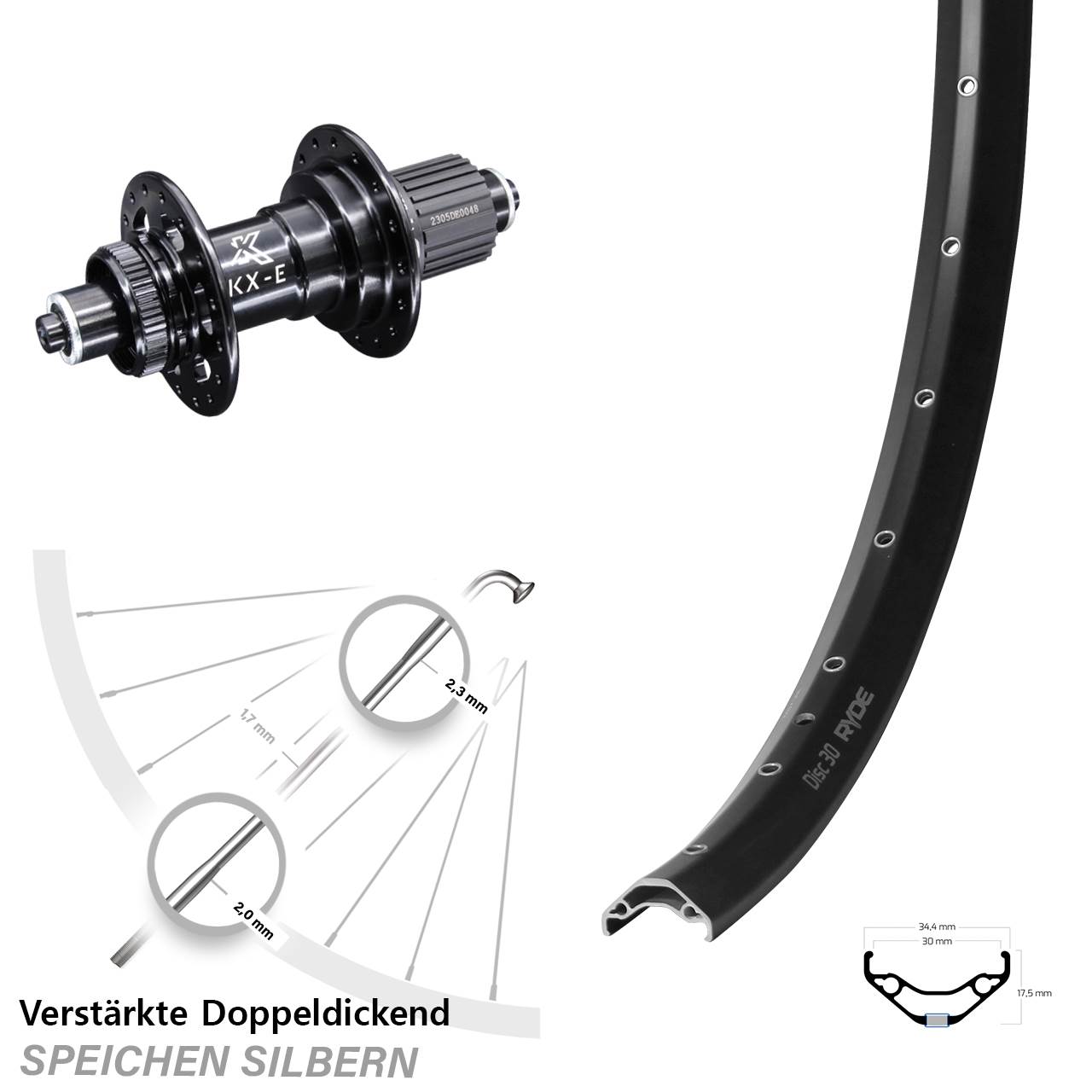 Hinterrad Centerlock 29 Zoll Ryde Disc 30 KX-E Shimano Micro Spline für Schnellspanner