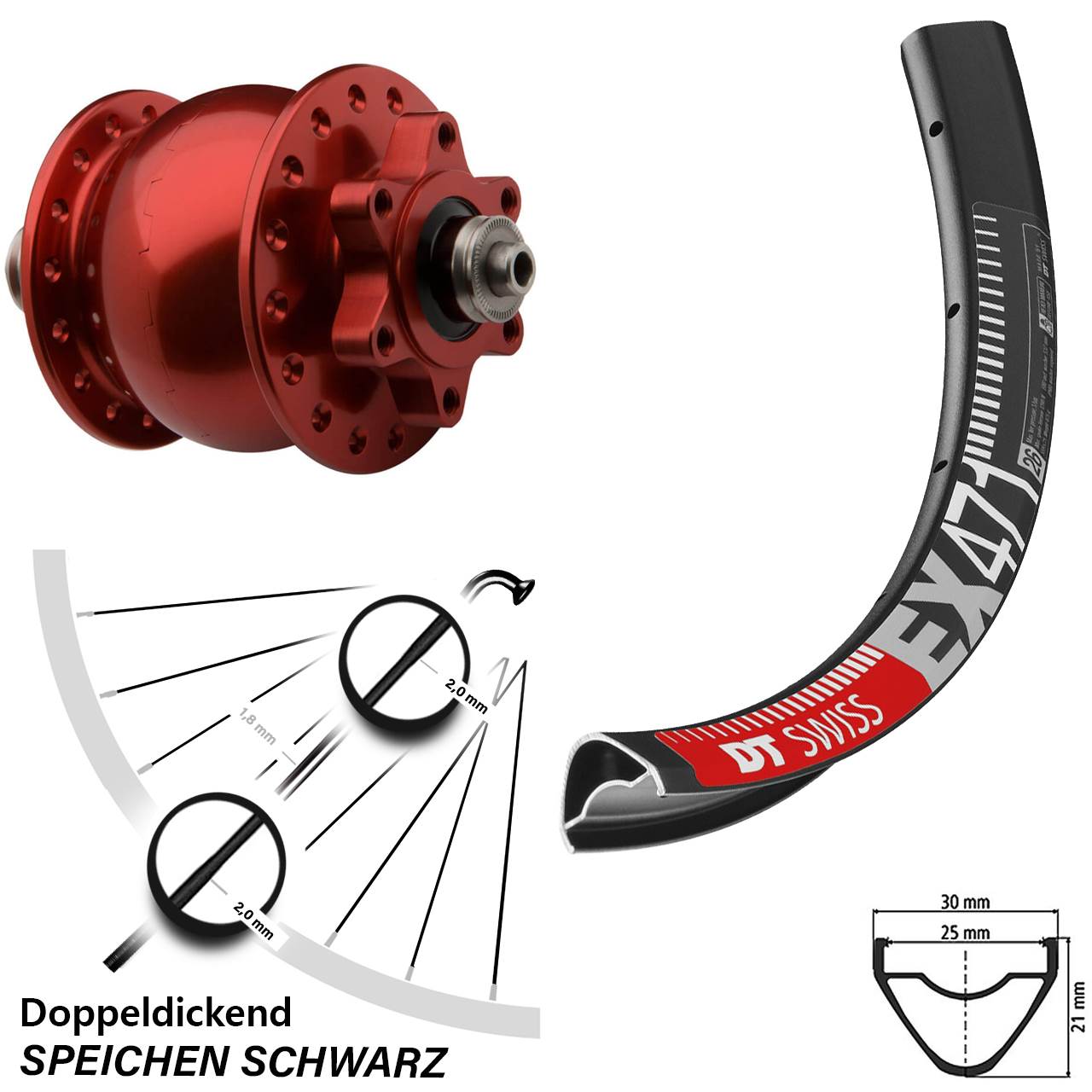 DT Swiss EX 471 Vorderrad 29 Zoll Dynamo SON 28 rot eloxiert 6-Loch 5x100 mm