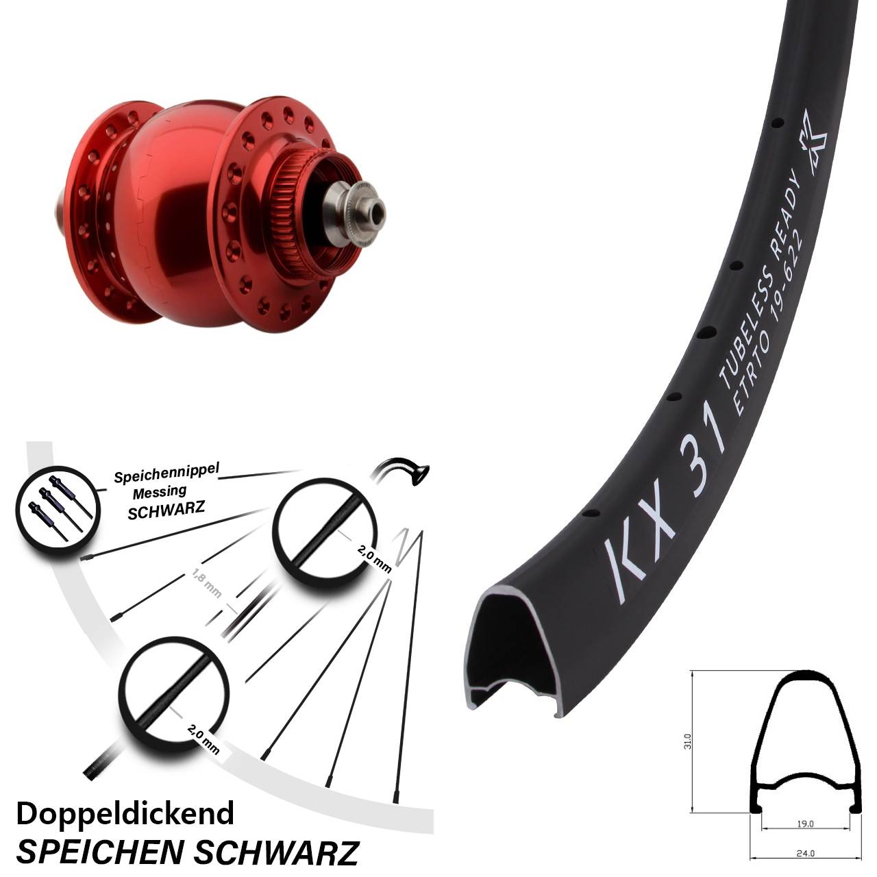 SONdelux rot KX31 28 Zoll Nabendynamovorderrad Centerlock für Schnellspanner