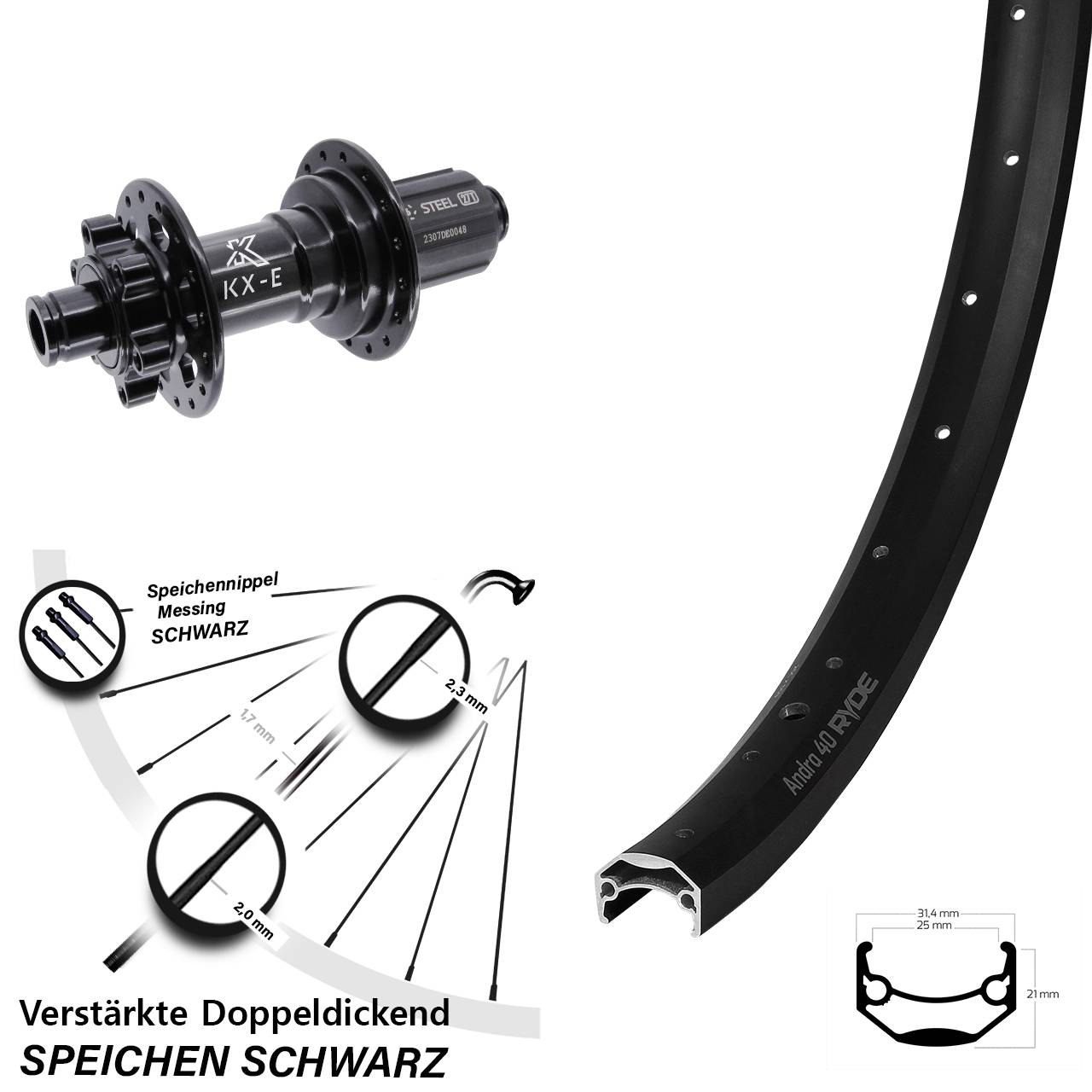 Ryde Andra 40 KX-E Stahl Freilauf 29 Zoll Disc Hinterrad 12x148 Boost 8-12 fach HG