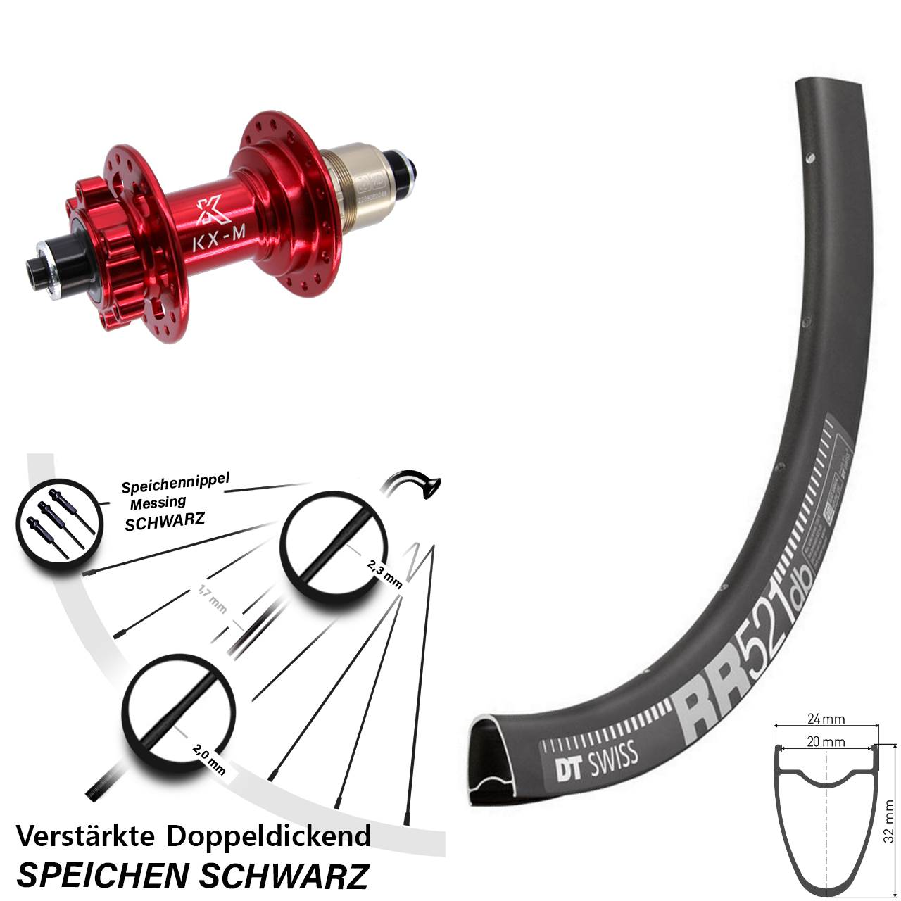 Hinterrad 6-Loch 28 Zoll DT Swiss RR521 KX-M rot XD QR