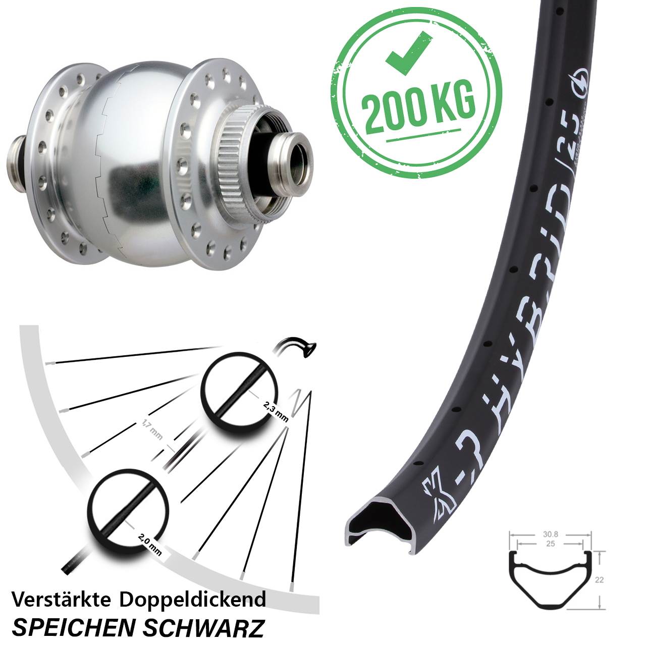 KX-R Hybrid 25 SON 28 Zoll Nabendynamovorderrad Centerlock 12x100