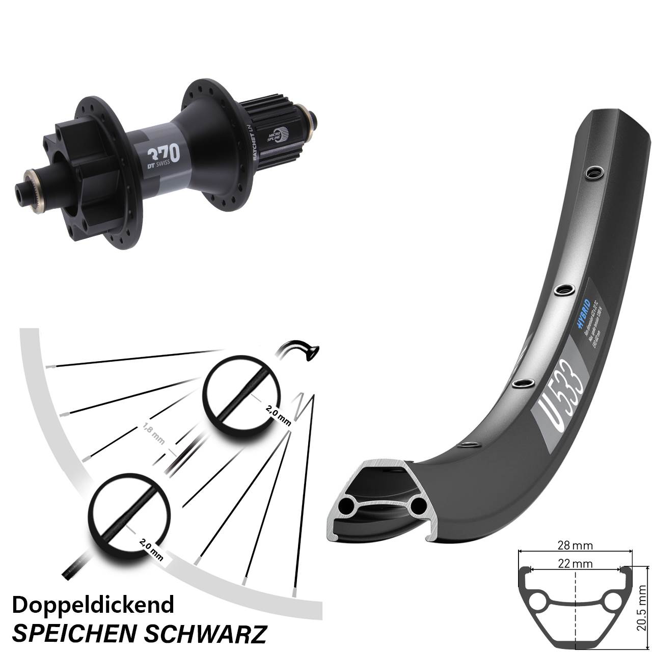 27,5 Zoll DT Swiss U 533-370 Hinterrad 6-Loch für Schnellspanner Shimano Micro Spline