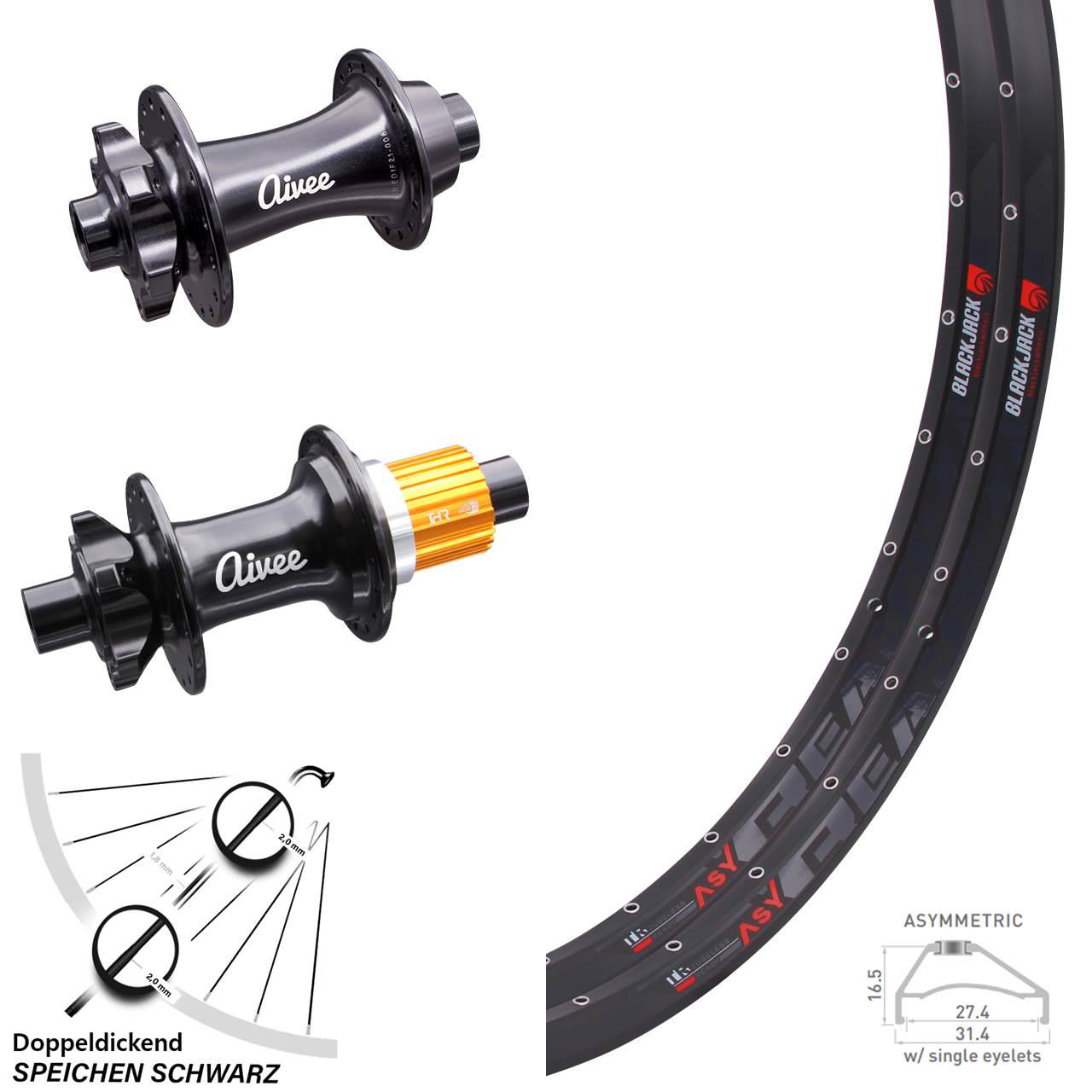 MTB Laufradsatz 27,5 Zoll Rodi Ready 27 Steckachse Aivee Classic Boost Micro Spline 6-loch