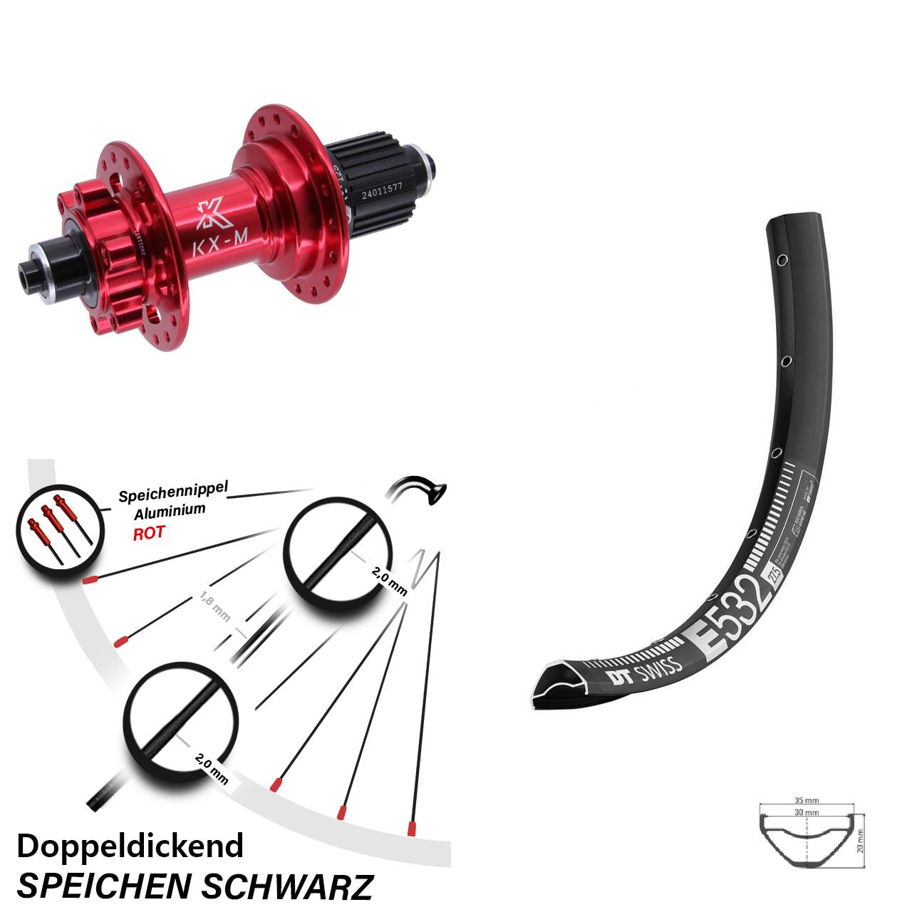 DT Swiss E532 KX-M rot 29 Zoll Disc Laufrad für Schnellspanner Shimano Micro Spline