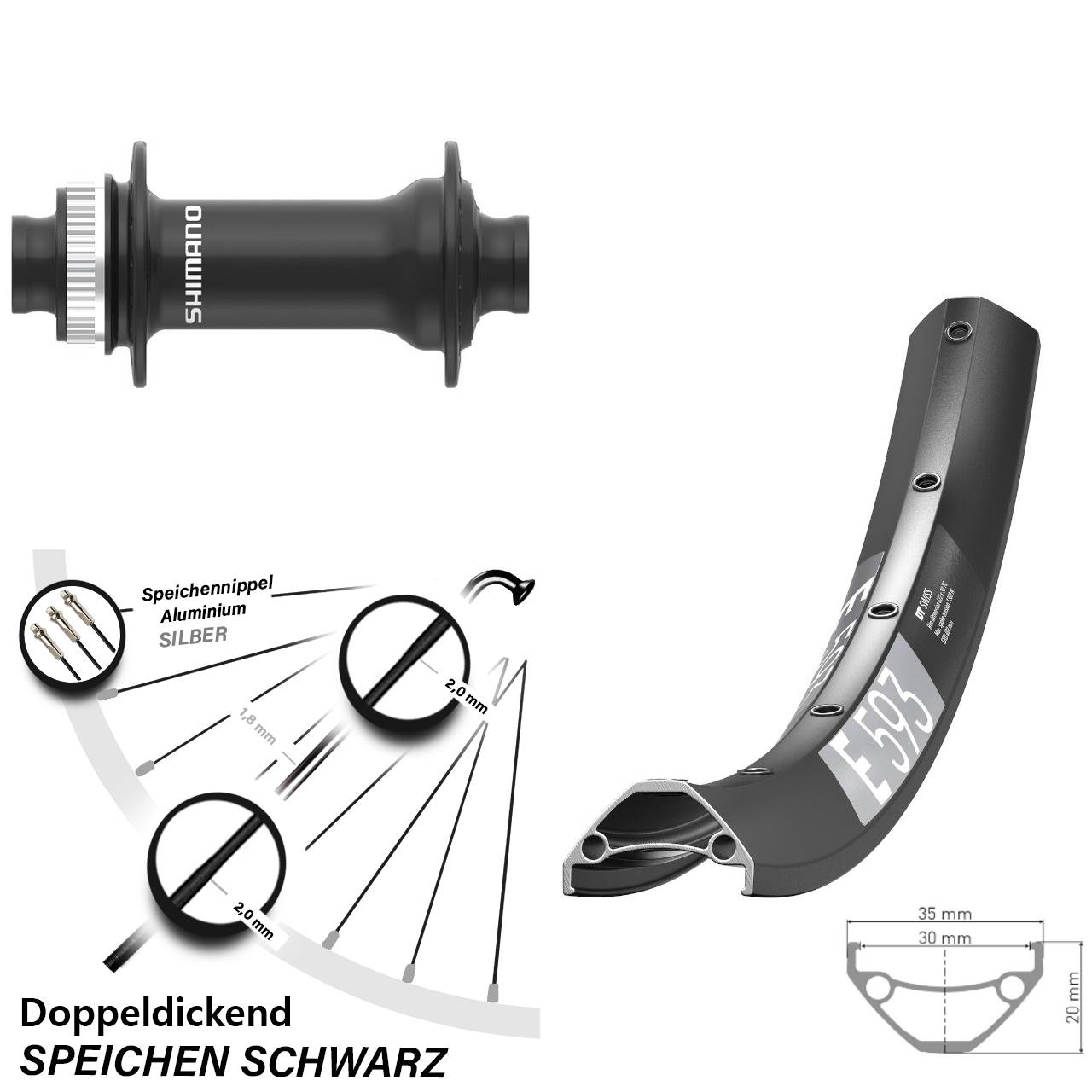 DT Swiss E 593 Shimano HB-MT410-B 27,5 Zoll Disc Vorderrad 15x110 Boost