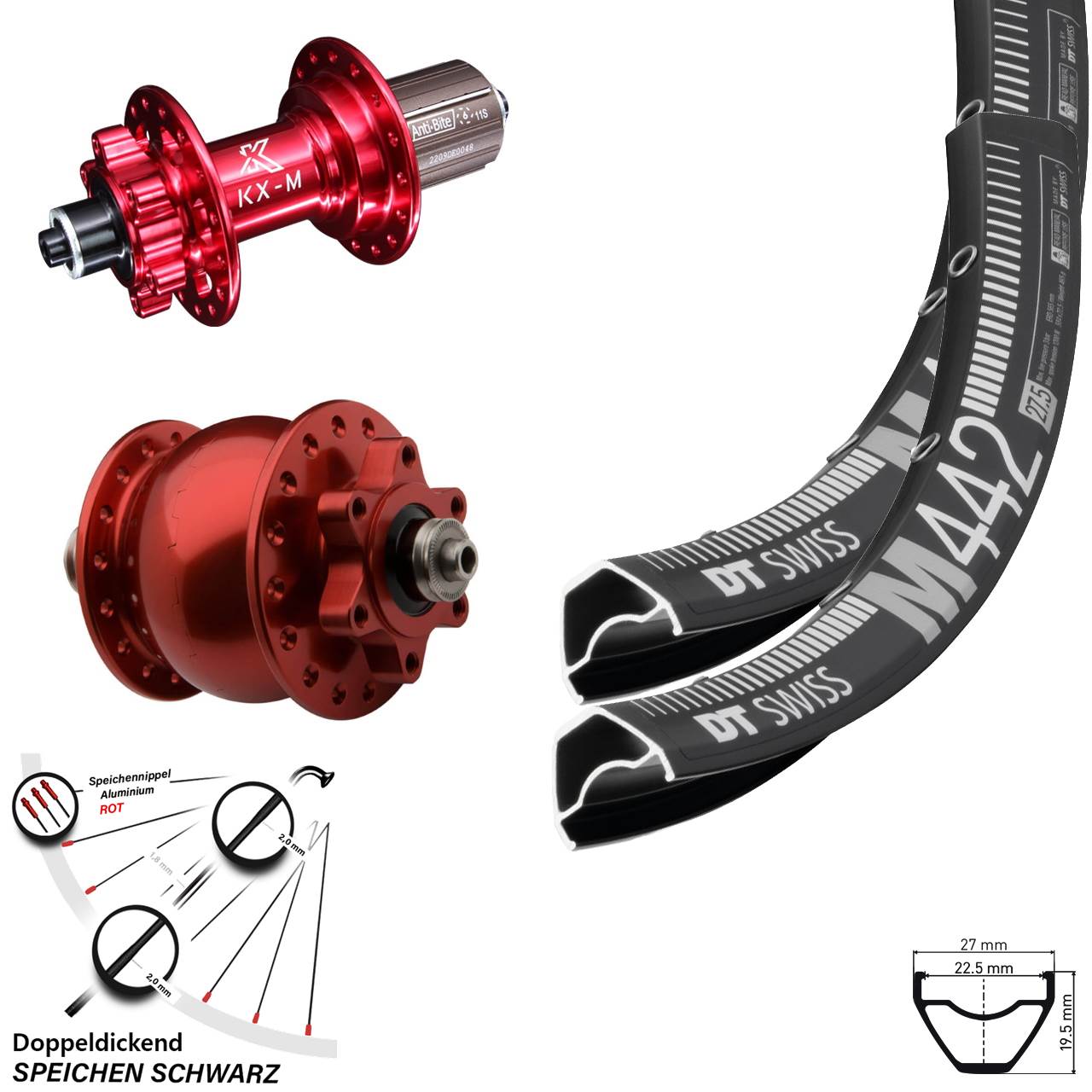 Laufrad-Satz QR 29 Zoll DT Swiss M 442 KX-M rot Disc 6-Loch SON 28 8-12 fach