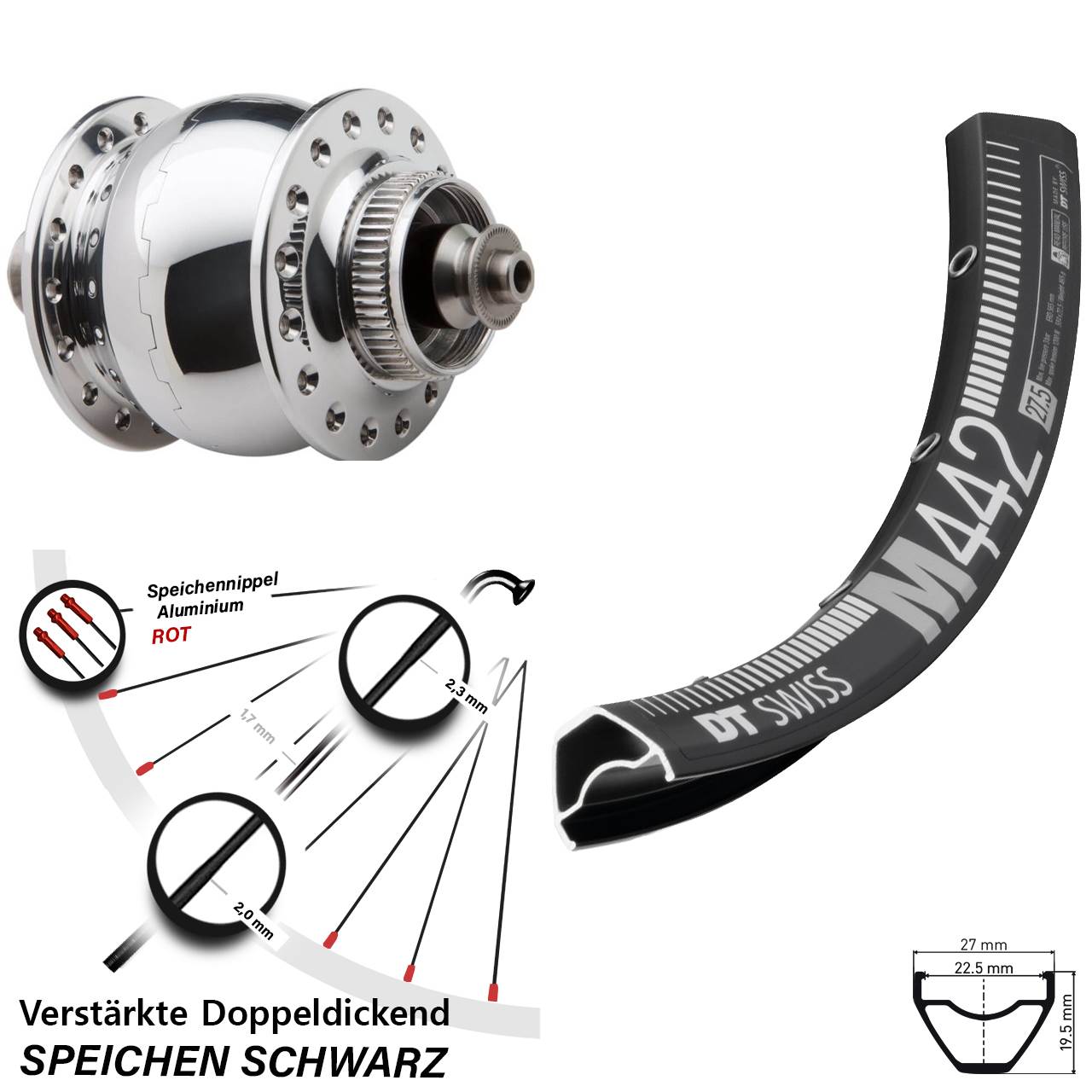 Disc Nabendynamo-Laufrad DT Swiss M 442 SON 28 Zoll QR
