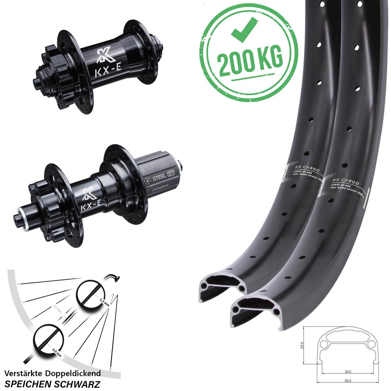 6-Loch Laufradsatz 20/26 Zoll Zoll KX-E Cargo 8-12 fach für Schnellspanner