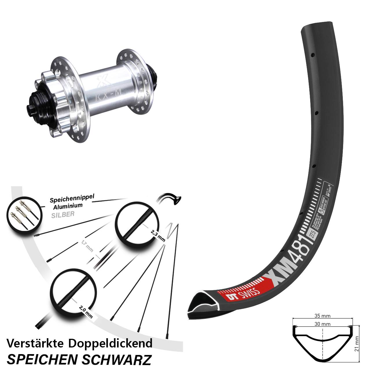 6-Loch Vorderrad 27,5 Zoll DT Swiss XM 481 KX-M für Schnellspanner