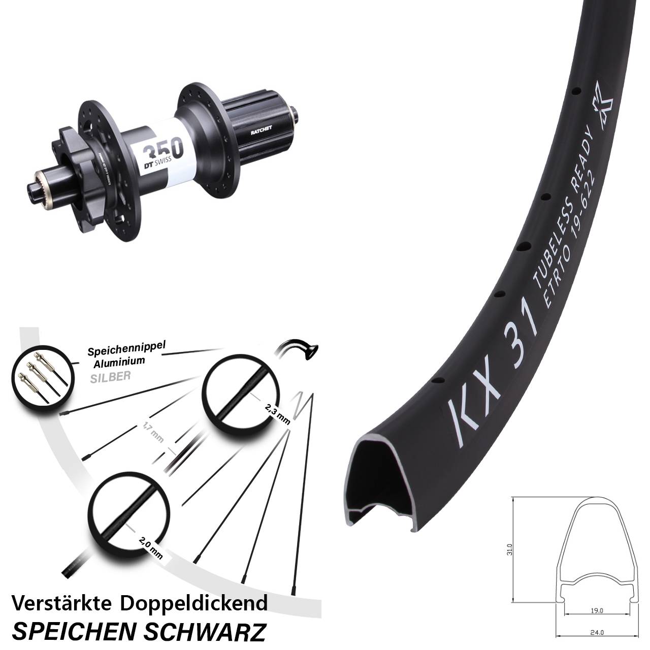28 Zoll KX 31 DT Swiss 350 Disc Hinterrad für Schnellspanner 8-11 fach