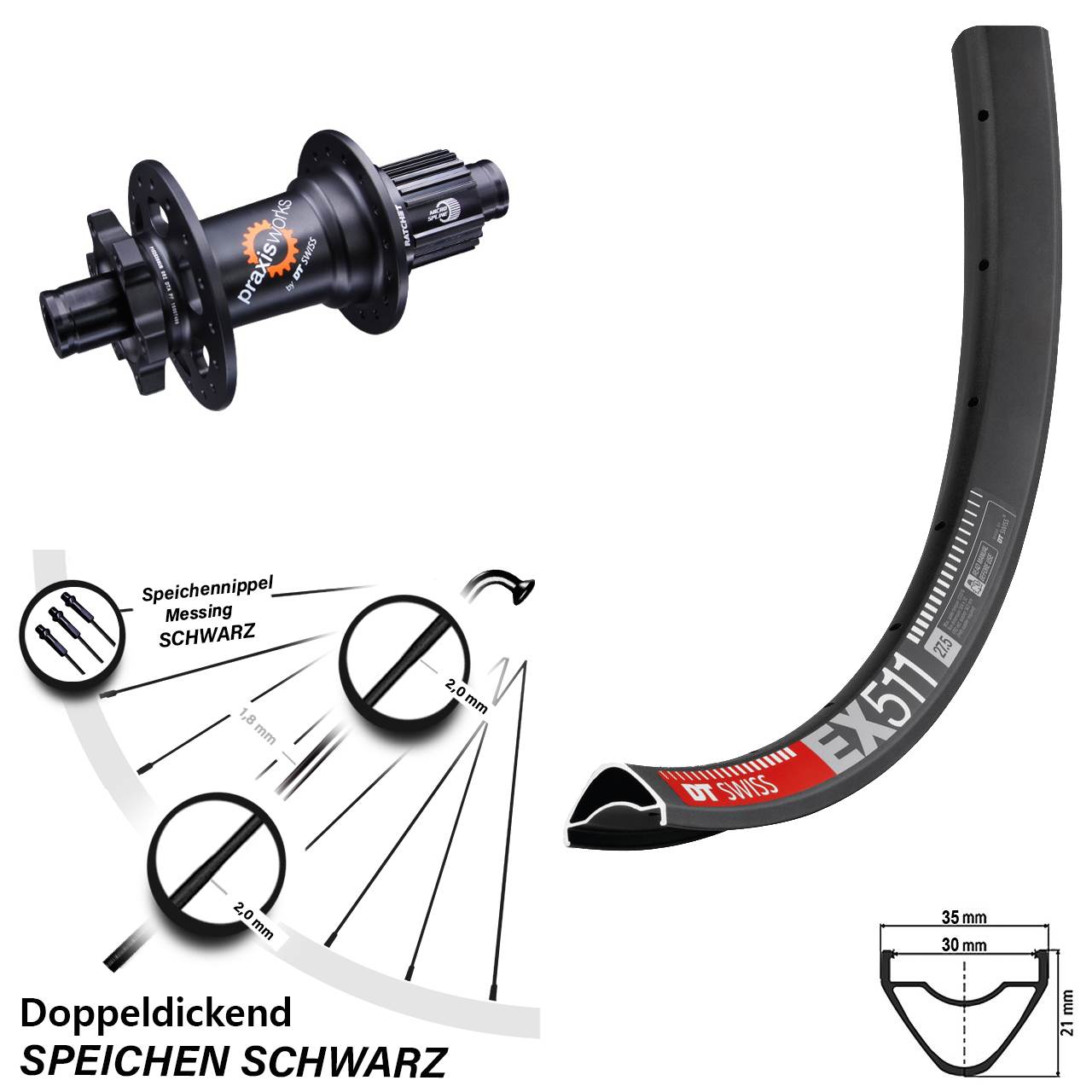 Hinterrad 6-Loch 29 Zoll DT Swiss EX511-350 Shimano Micro Spline 12x142