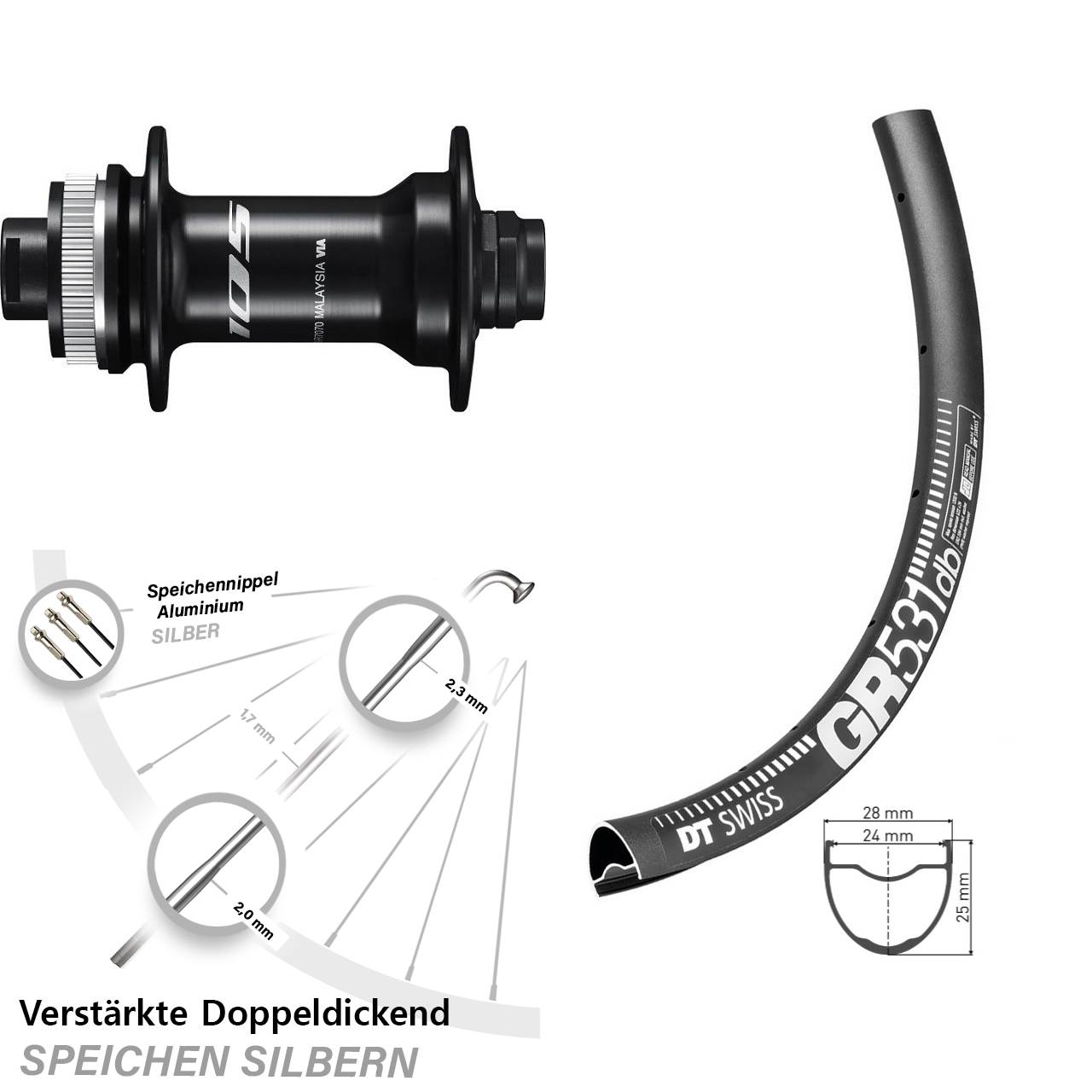 Shimano 105 Steckachse DT Swiss GR 531 DB Gravel Vorderrad 27,5 Zoll Centerlock