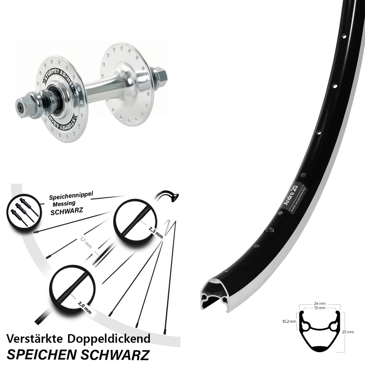 28 Zoll Ryde Andra 20 Sturmey Archer Vorderrad schwarz