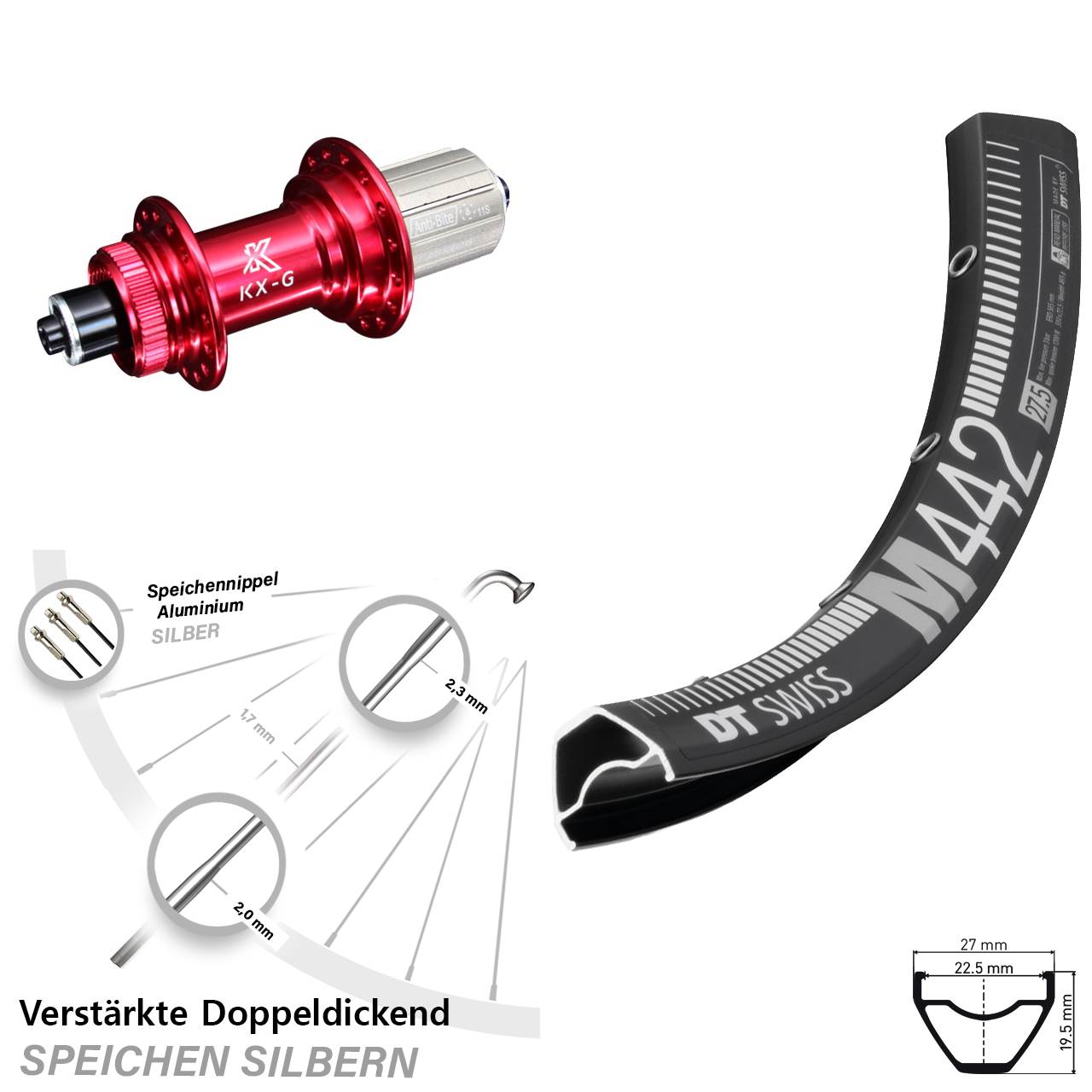 Disc Laufrad 28 Zoll DT Swiss M442 KX-G rot 8-12 fach QR