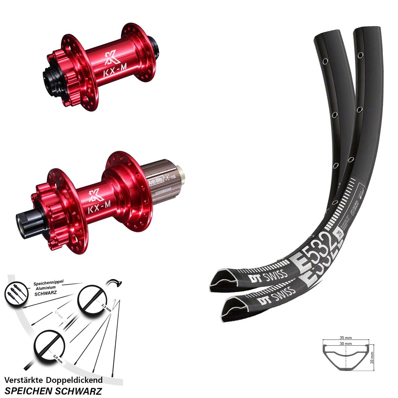 Laufradsatz 6-Loch 15x100 12x142 29 Zoll DT Swiss E532 KX-M rot 8-12 fach HG