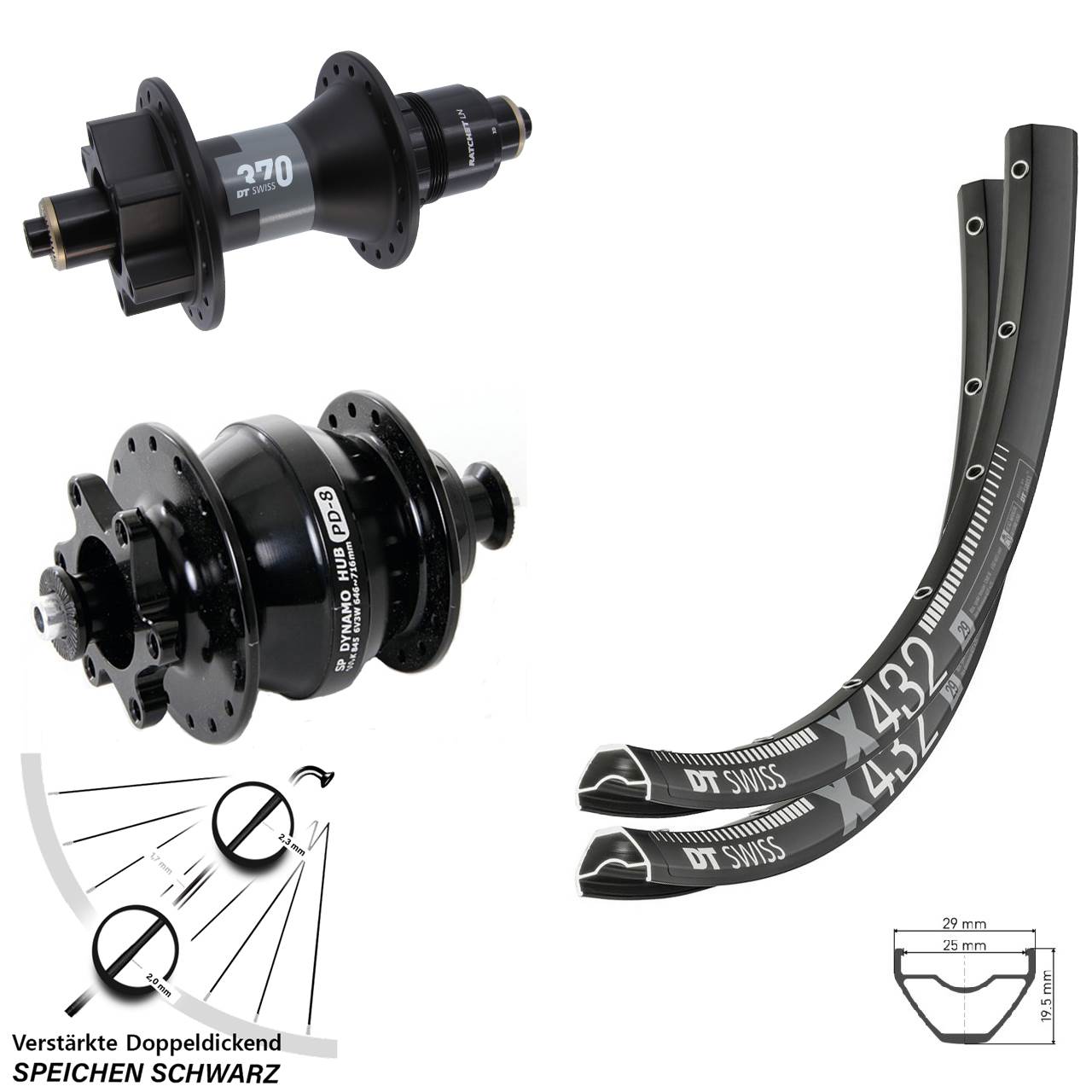 29 Zoll DT Swiss X432 370 Shutter Precision PD-8 6-Loch Laufradsatz für Schnellspanner XD