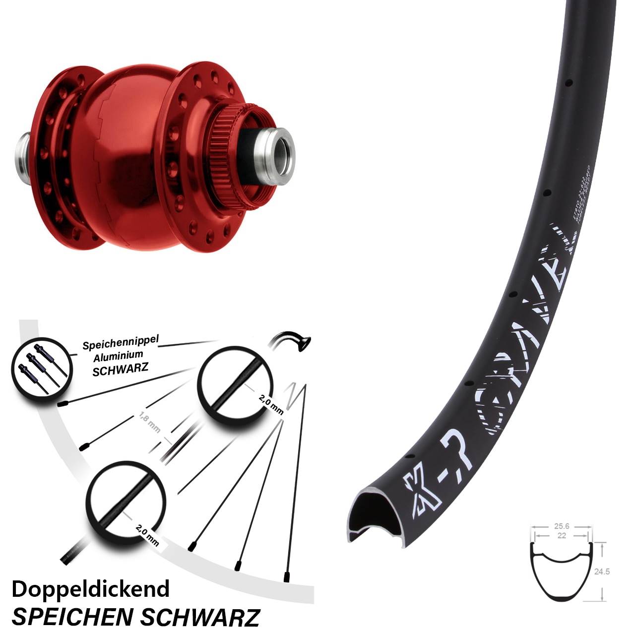 28-29 Zoll Nabendynamo SON rot-eloxiert Centerlock KX-R Gravel Vorderrad Road Disc