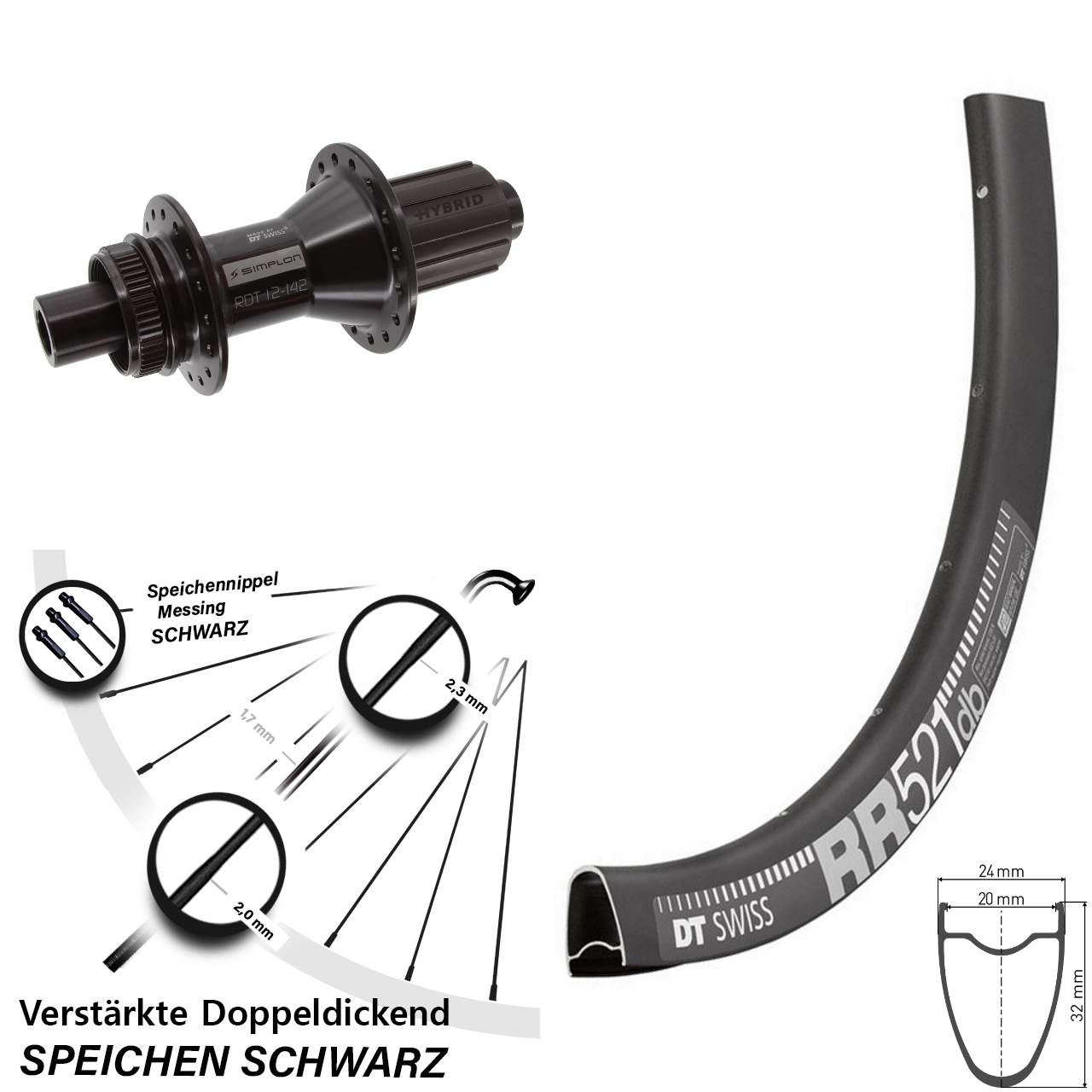28 Zoll DT Swiss RR521-370 Hybrid Disc Laufrad 12x142 8-11 fach HG