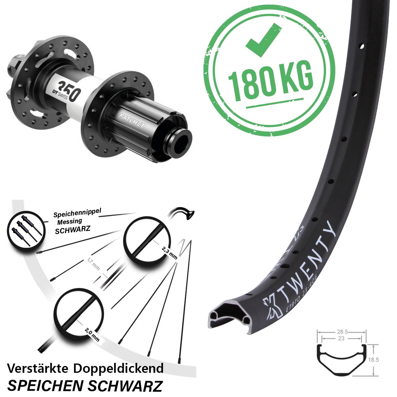20 Zoll KX Twenty DT Swiss 350 6-Loch Hinterrad 12x142 8-11 fach