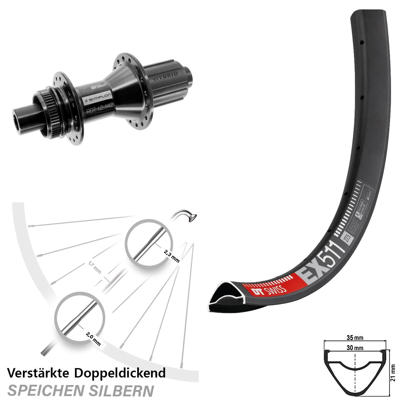 Disc Laufrad 29 Zoll DT Swiss EX511-370 Hybrid 8-11 fach 12x142