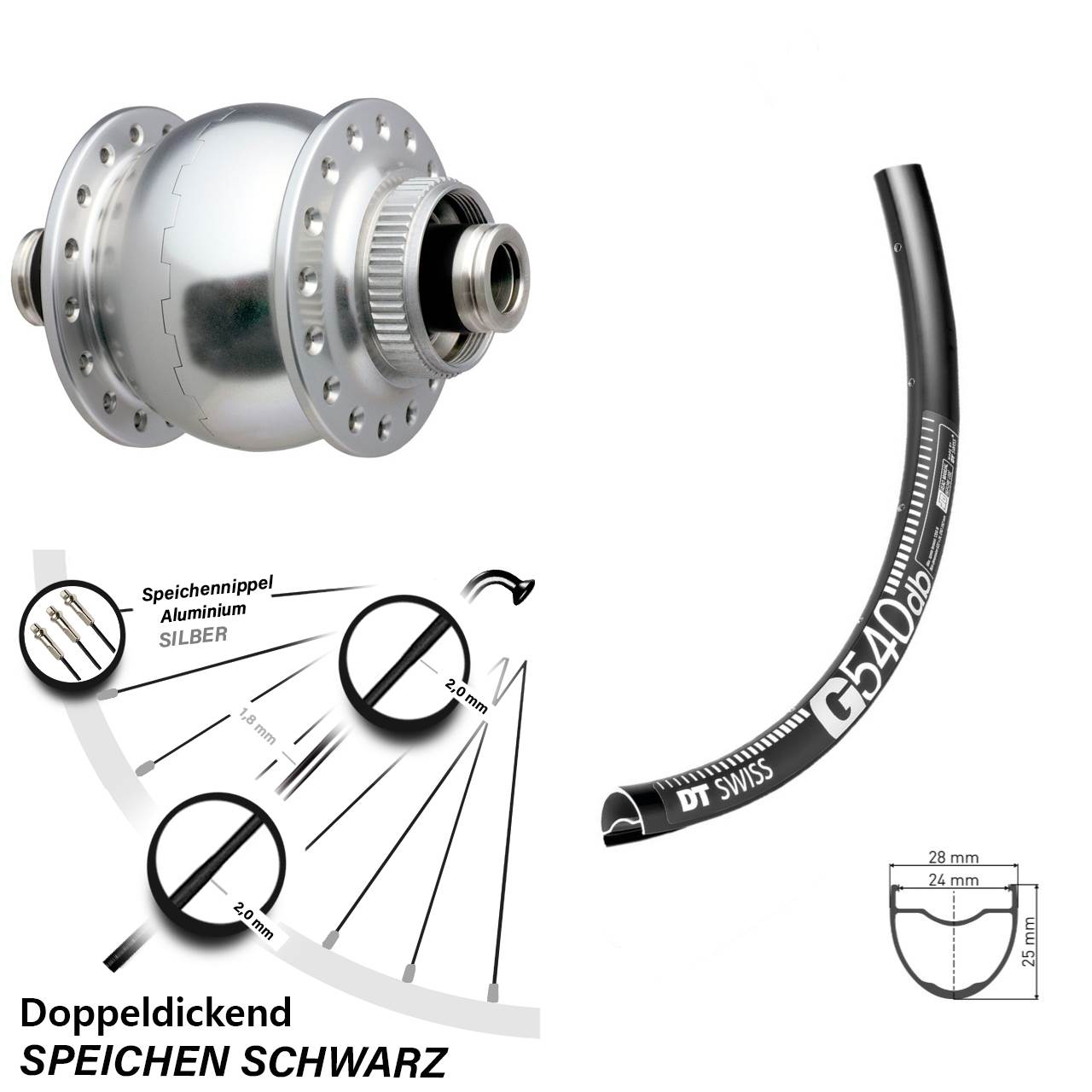 SON 28 DT Swiss G 540 27,5 Zoll Disc Laufrad mit Nabendynamo 12x100