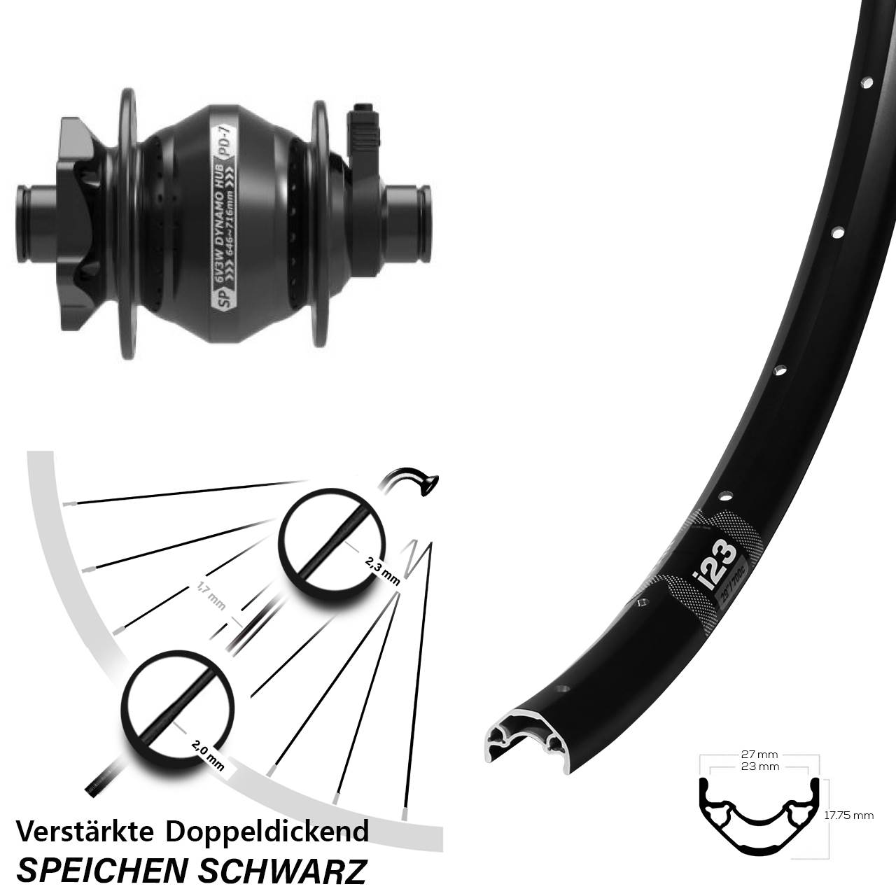 Disc Laufrad mit Nabendynamo 29 Zoll WTB i23 Shutter PD-7 12x100