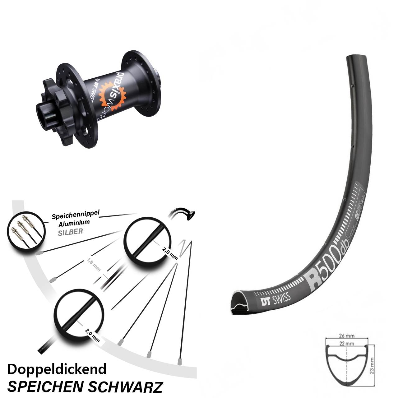 Vorderrad DT Swiss 350 R 500 28 Zoll 15 mm Steckachse