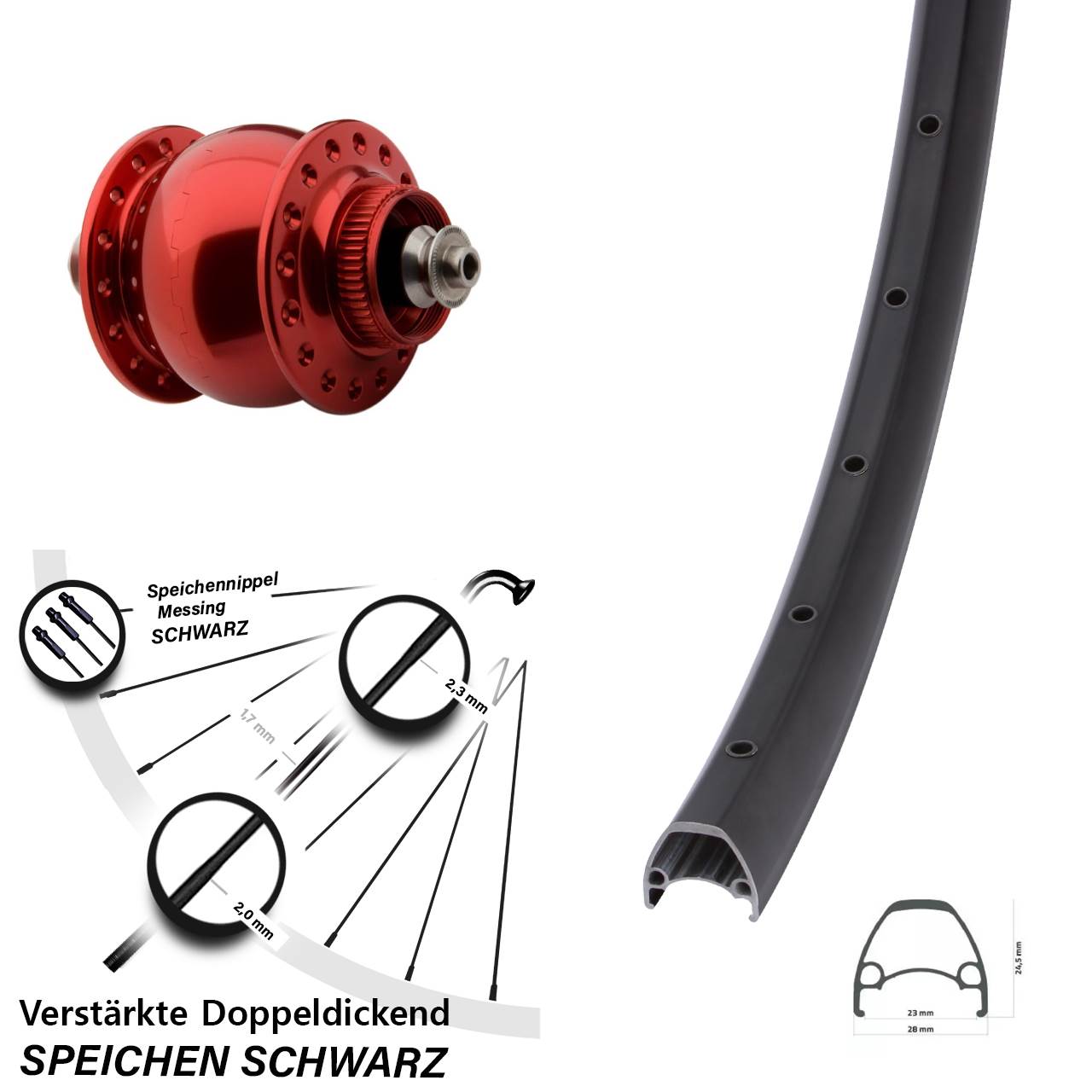 Nabendynamo-Vorderrad Centerlock 29 Zoll Ambrosio Sport SON 28 rot QR