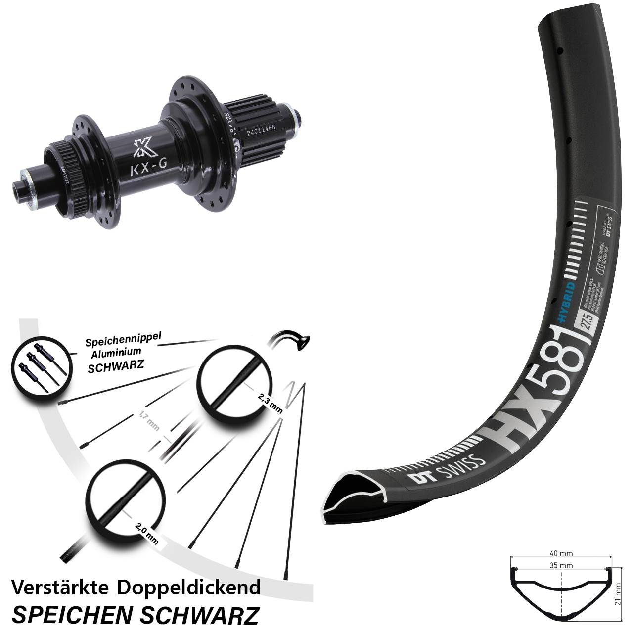 DT Swiss HX581 KX-G 27,5 Zoll Disc Hinterrad QR Shimano Micro Spline