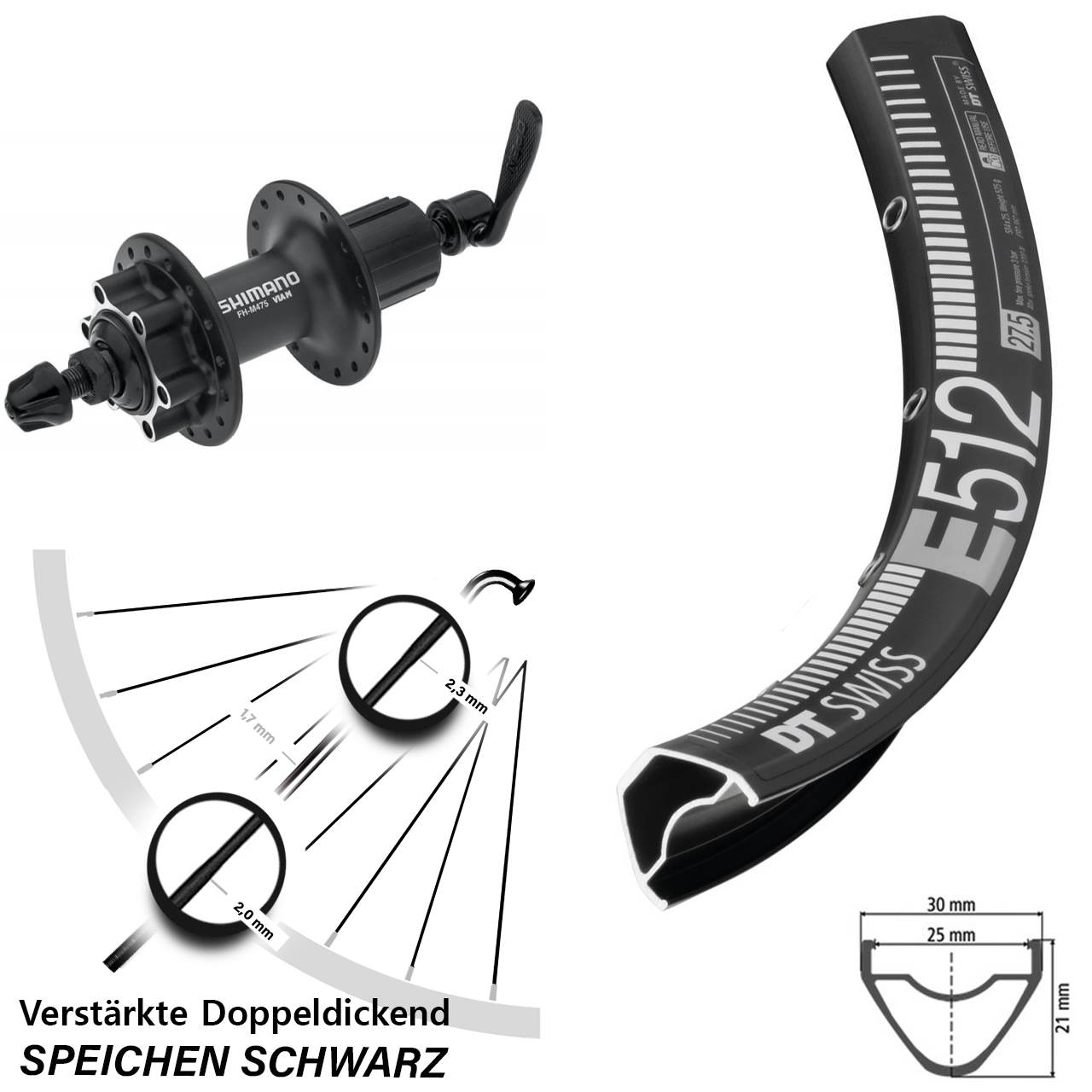 Hinterrad 6-Loch für Schnellspanner 27,5 Zoll DT Swiss E512 Shimano FH-M475 8-11 fach