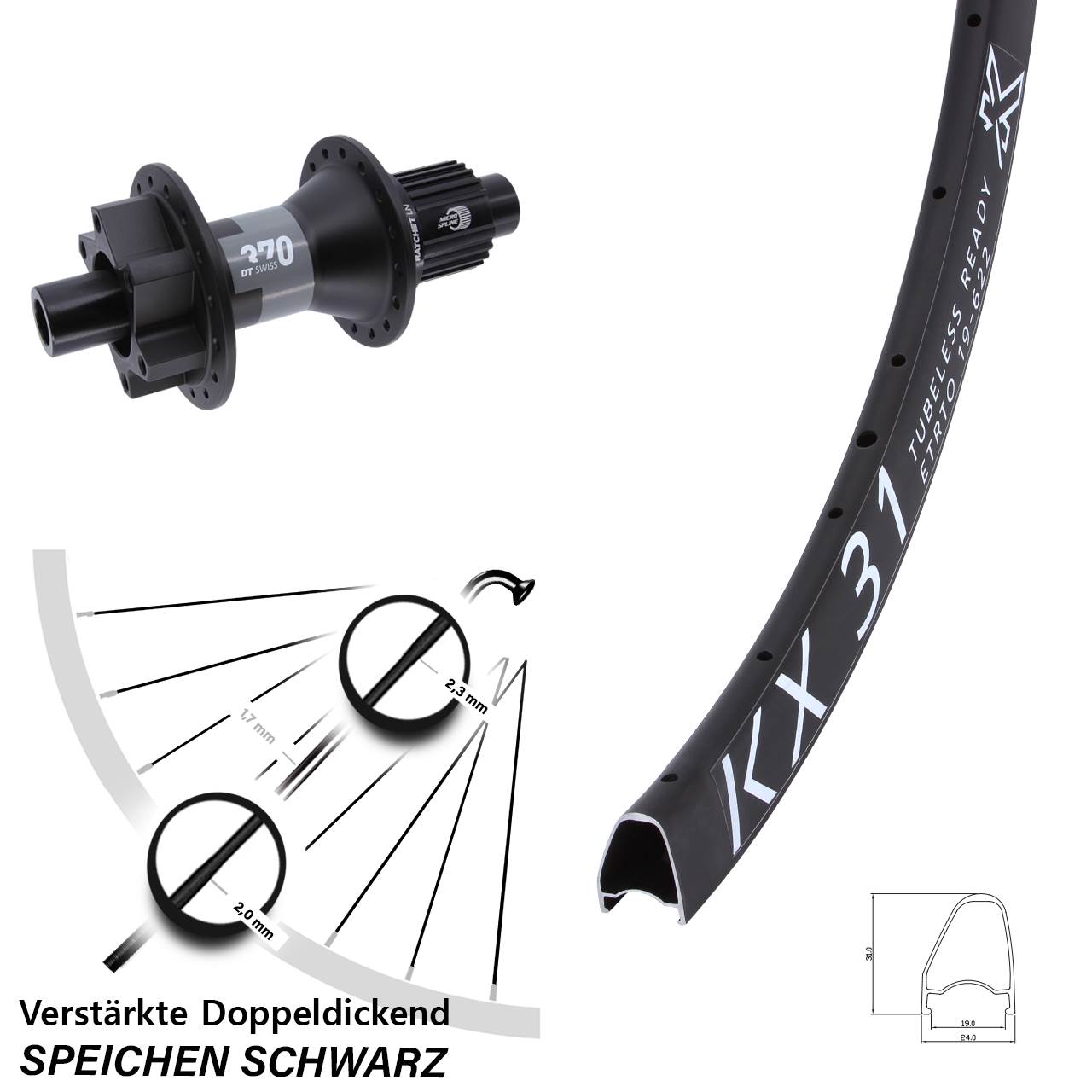 Hinterrad 6-Loch 28 Zoll KX31 OS DT Swiss 370 Shimano Micro Spline 12x142