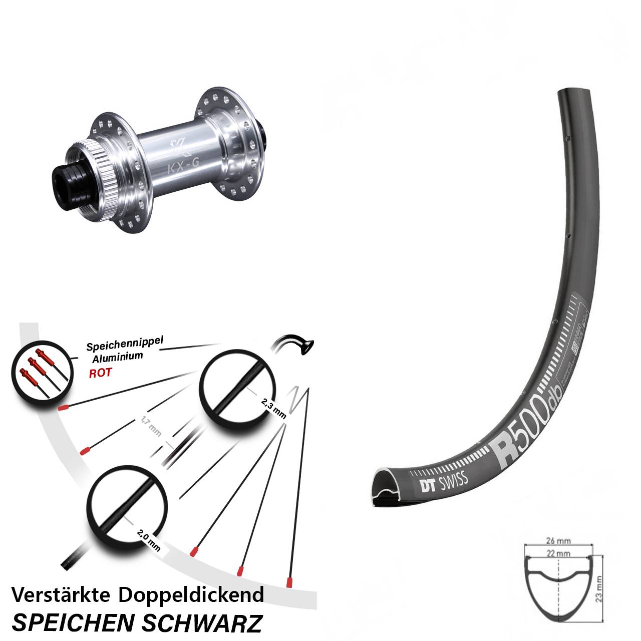 Road Disc DT Swiss R 500 Vorderrad 28 Zoll verstärkt KX-G silbern Centerlock
