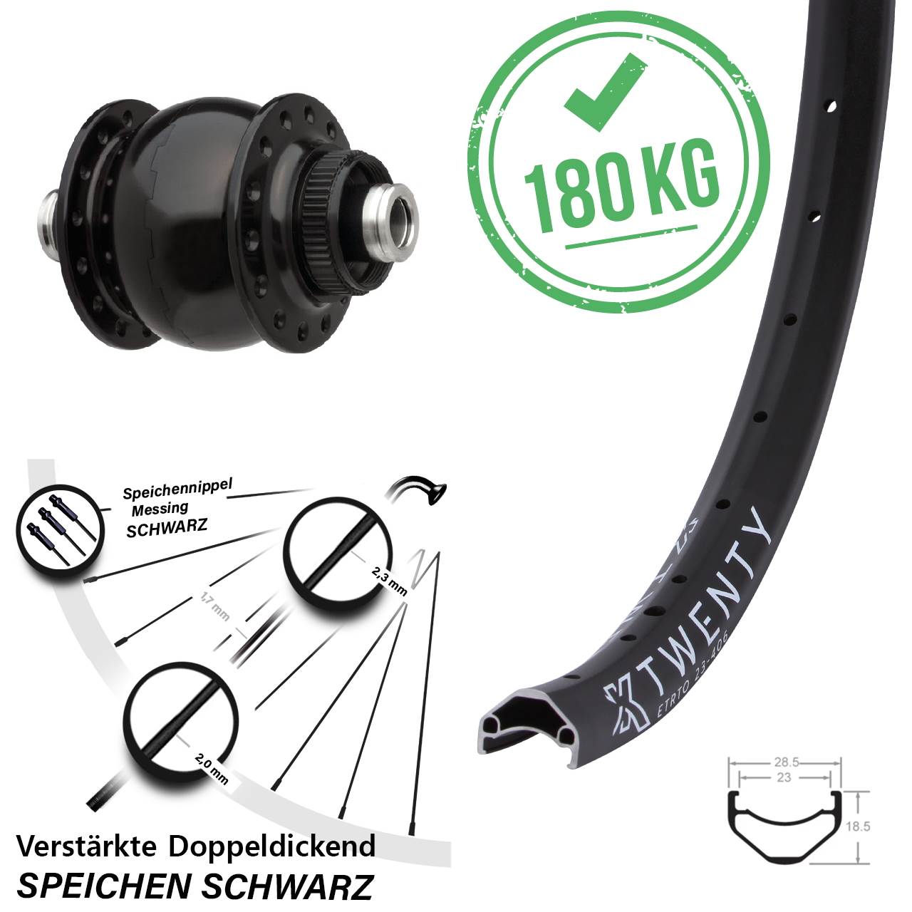 Disc Nabendynamo-Laufrad 20 Zoll KX Twenty SON delux 12x100