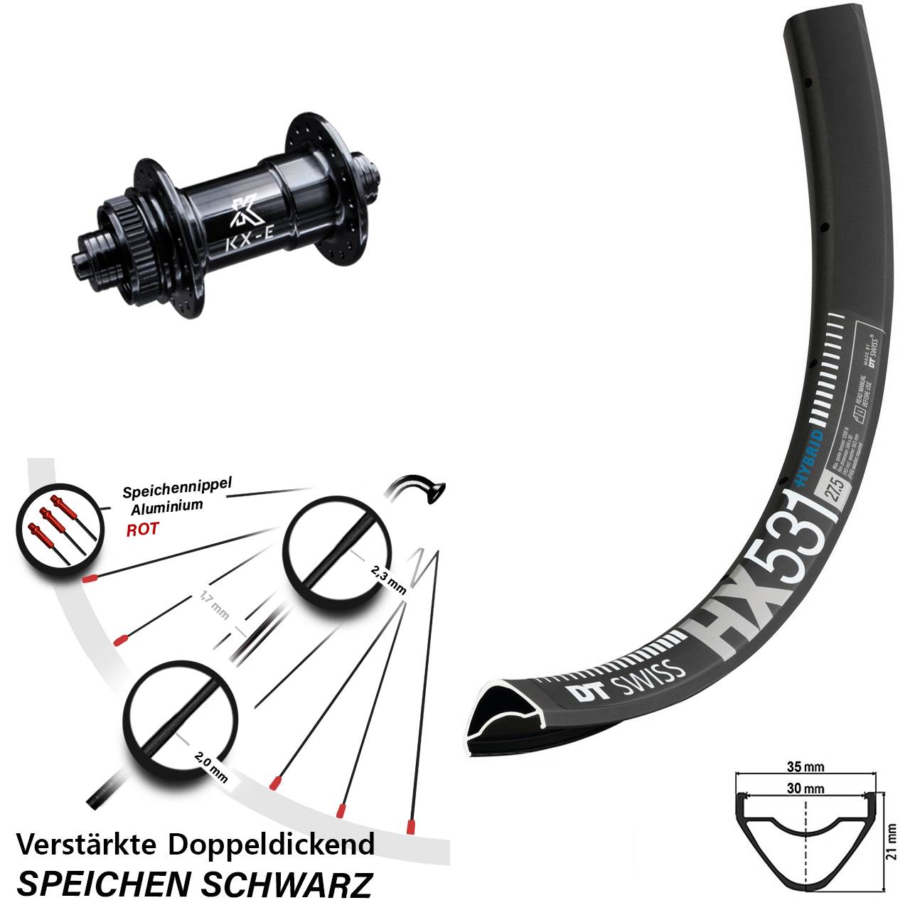 schwarzes 29 Zoll Vorderrad DT Swiss HX 531 KX-E Centerlock schwarz verstärkt 5x100 mm