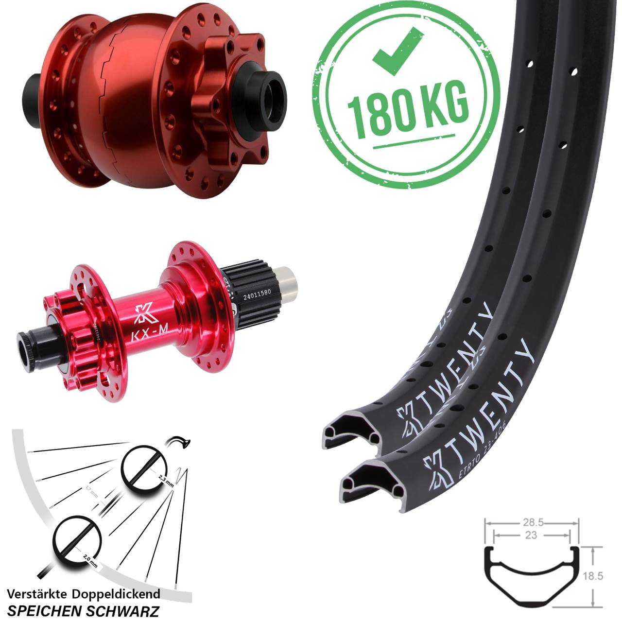 KX-M Twenty SON 28 rot 20 Zoll 6-Loch Laufradsatz 15x100 12x142 Shimano Micro Spline