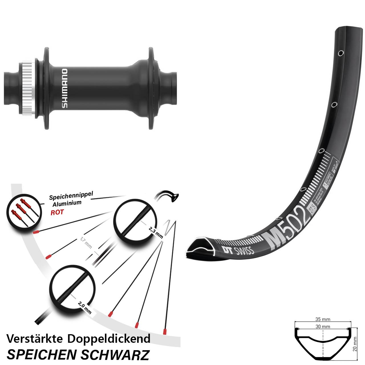 27,5 Zoll DT Swiss M502 Shimano HB-MT410-B Vorderrad Centerlock 15x110 Boost