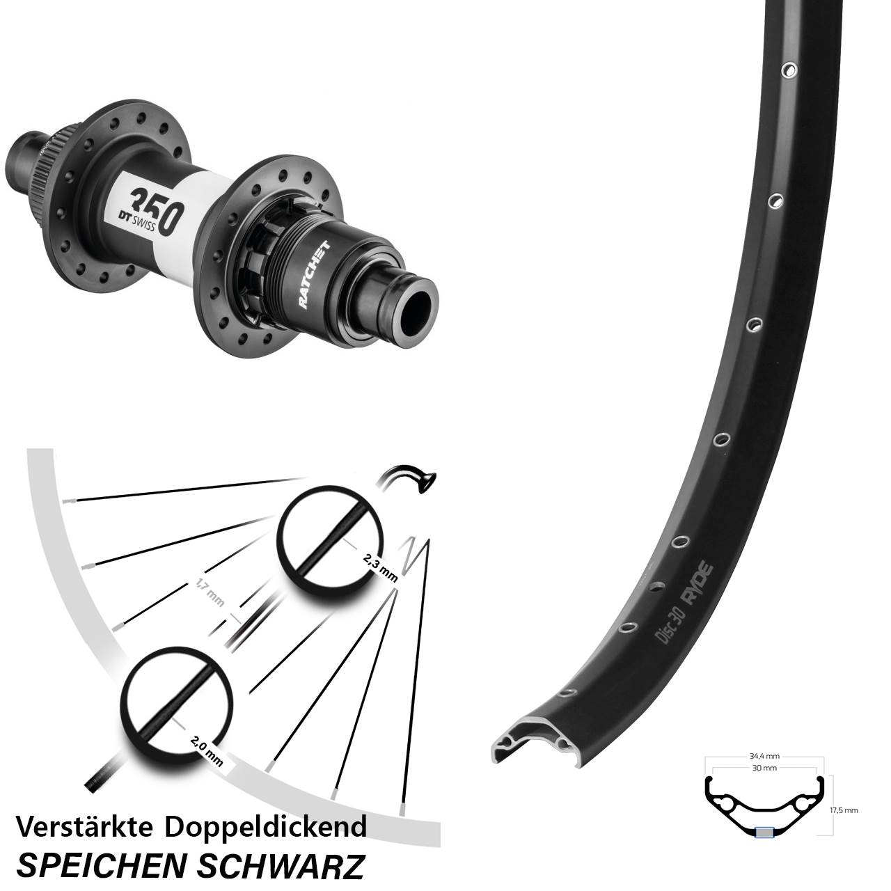 Hinterrad 29 Zoll Ryde Disc 30 DT Swiss 350 XD 12x142