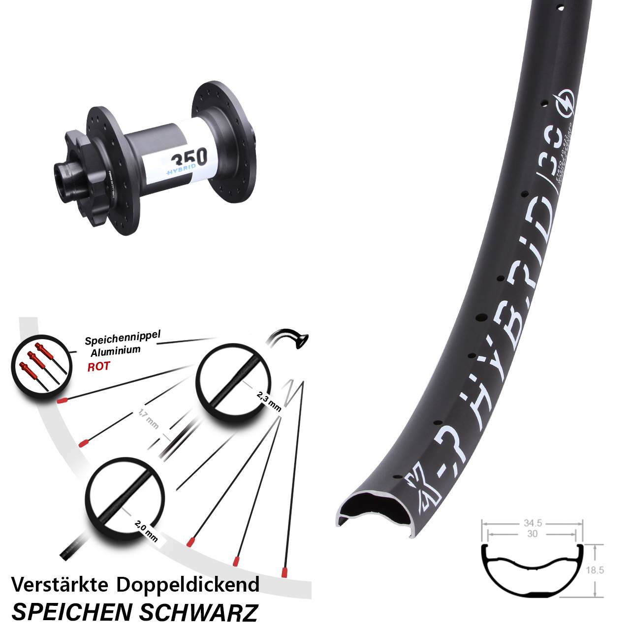 DT Swiss 350 E-Bike Boost 15x110 mm KX-R Hybrid 30 Vorderrad 29 Zoll 30-622 ETRTO 6-loch